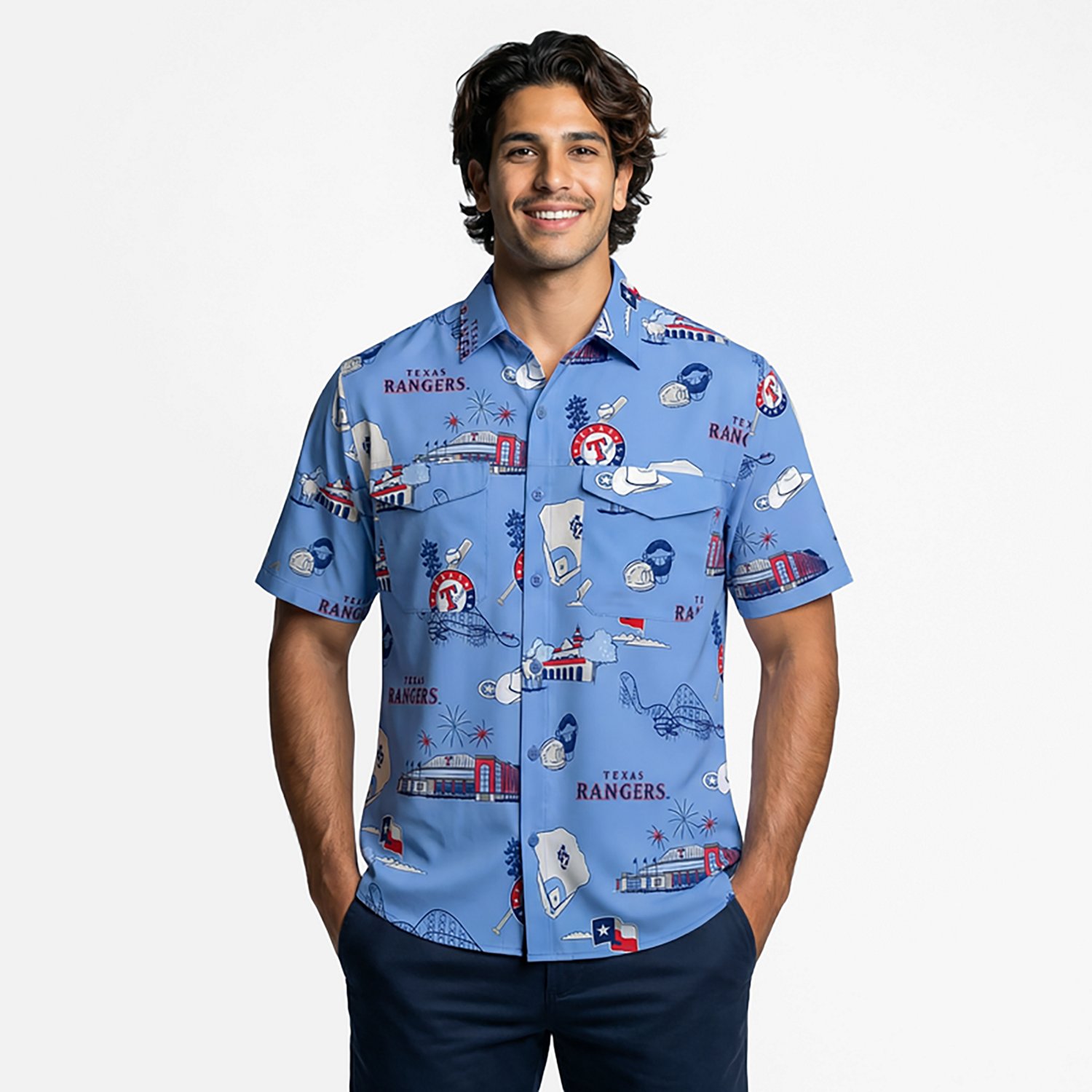 Antigua Men's Texas Rangers Landmark Woven Short Sleeve Fishing Shirt - view number 2