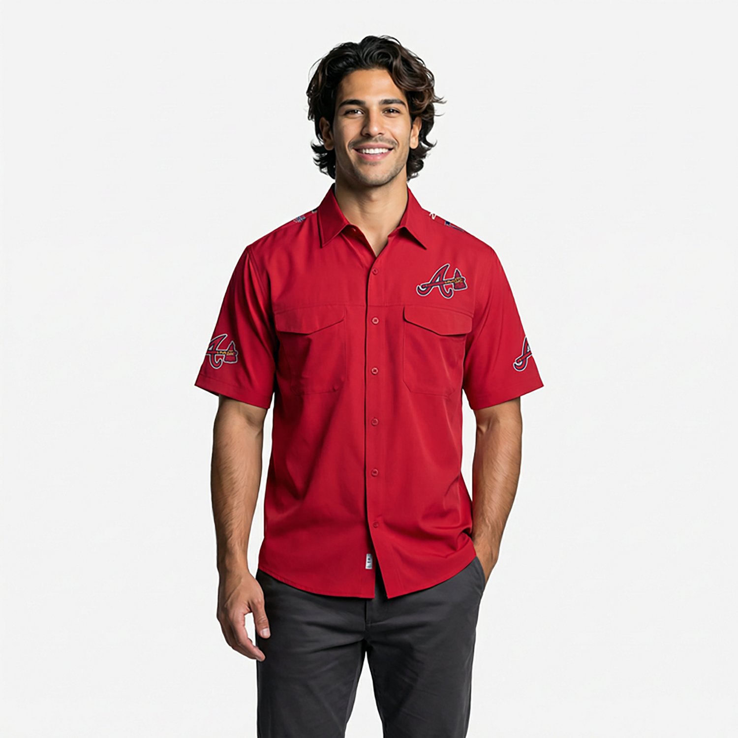 Antigua Men's Atlanta Braves Scatter Print Woven Short Sleeve Fishing Shirt - view number 2