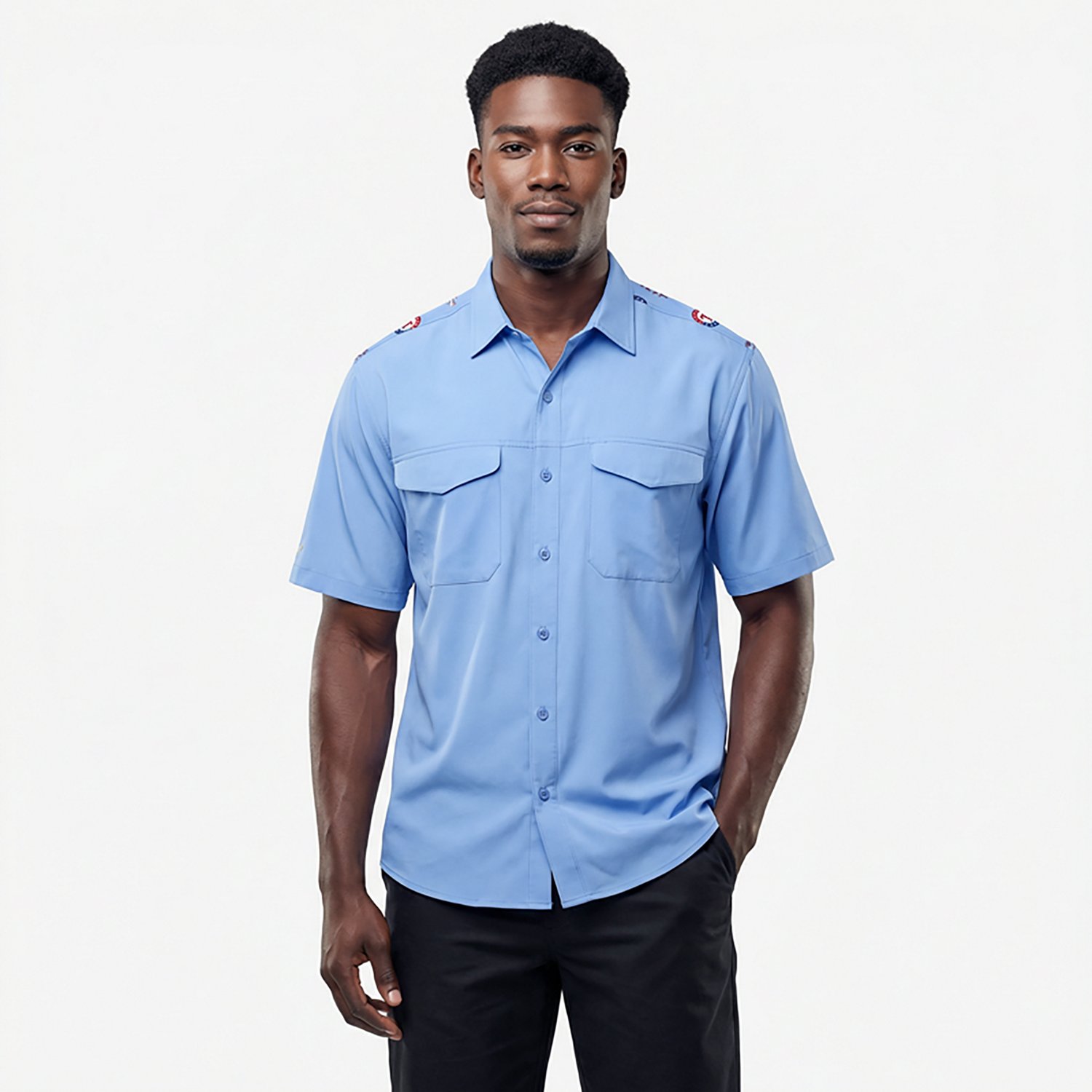 Antigua Men's Texas Rangers Scatter Print Woven Short Sleeve Fishing Shirt - view number 2