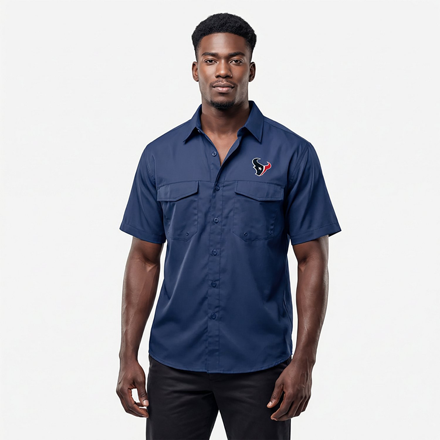 Antigua Houston Texans Men's Game Day Woven Short Sleeve Button Down Fishing Shirt