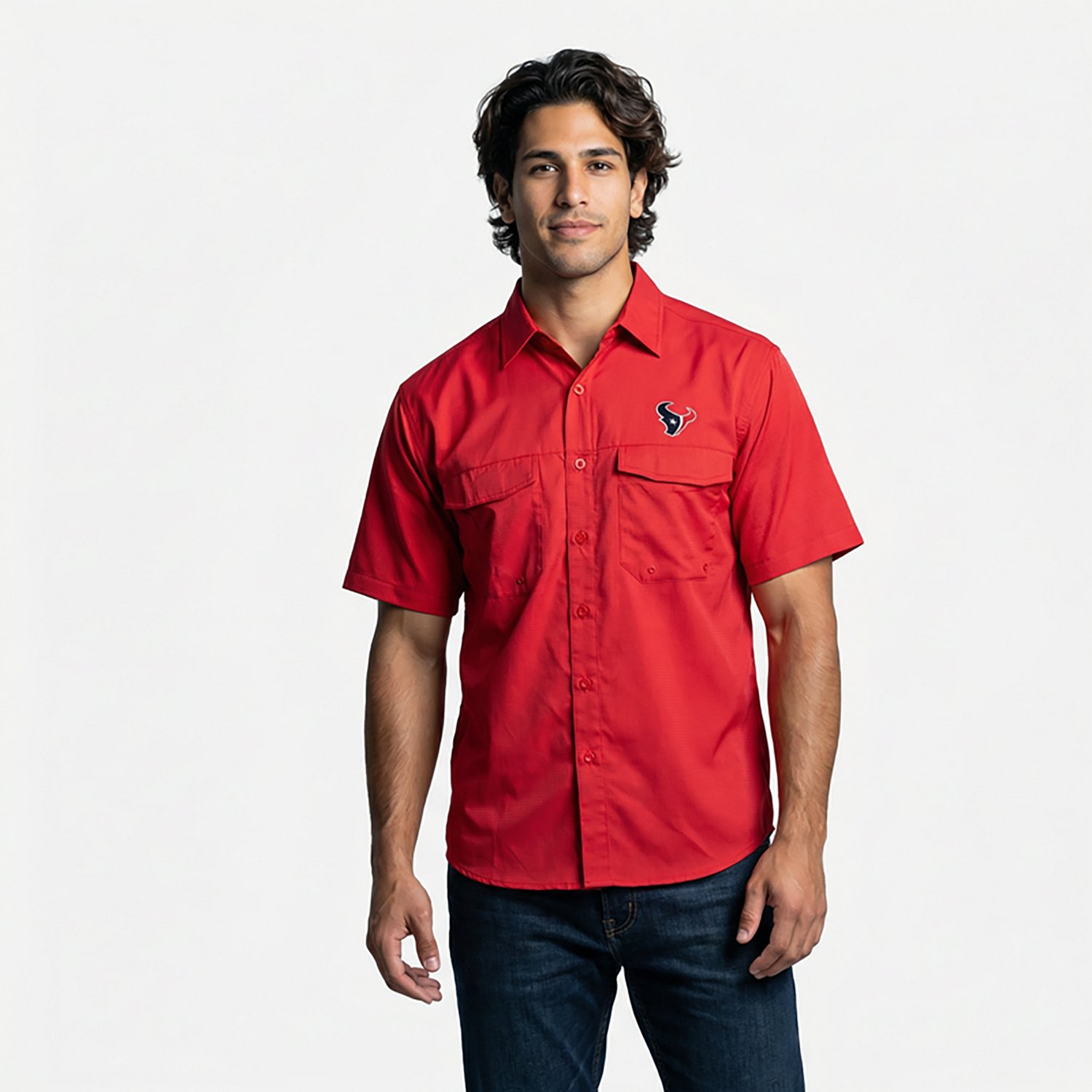 Antigua Houston Texans Men's Game Day Woven Short Sleeve Button Down Fishing Shirt - view number 2