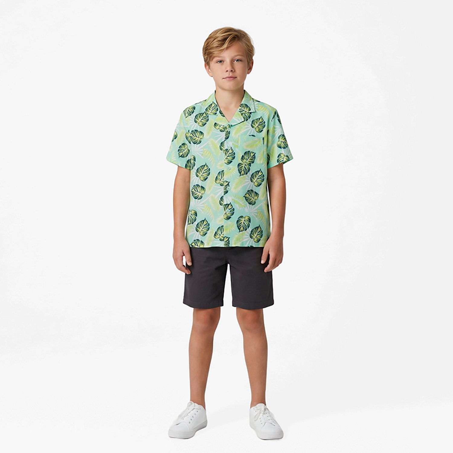O'Rageous Boys' Palm Floral Cabana Printed Short Sleeve Swim Shirt