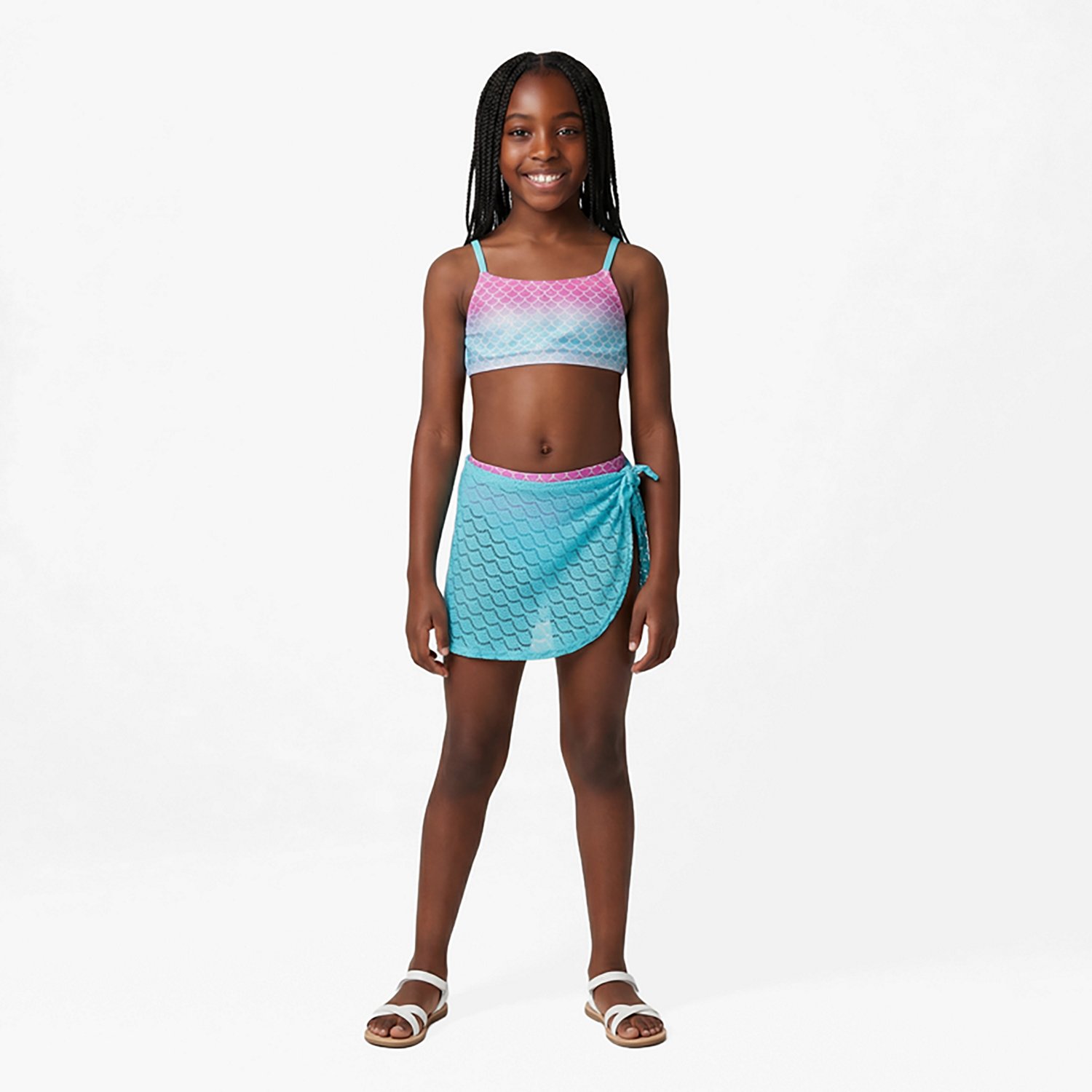 O'Rageous Girls' Mermaid Scale Ombre 2-Piece Swimsuit with a Crochet Coverup Skirt