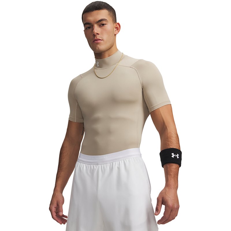 Under Armour Men's HeatGear Mock Neck Short Sleeve Compression Shirt, XXL, City Khaki/Black