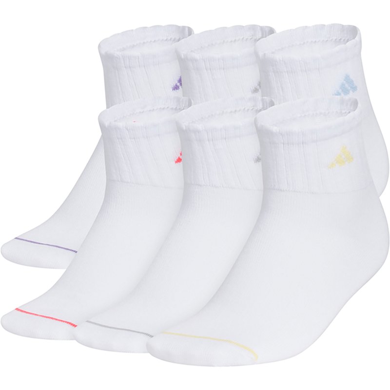 adidas Superlite Girls 6 Pair Quarter Ankle Socks, Medium (10-13), White