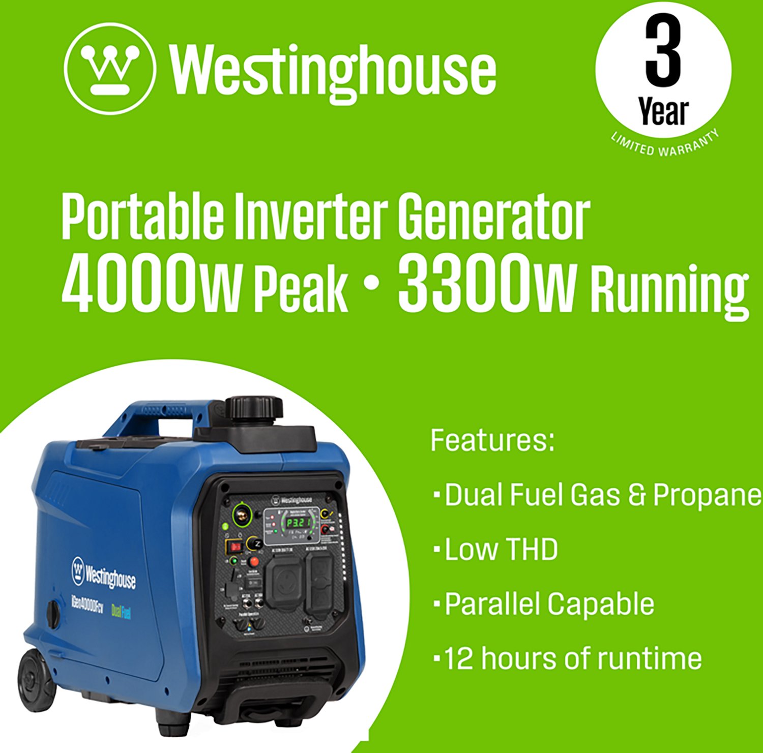 Westinghouse 4,000W Gas and Propane Dual Fuel Inverter Generator with Recoil Start - view number 2