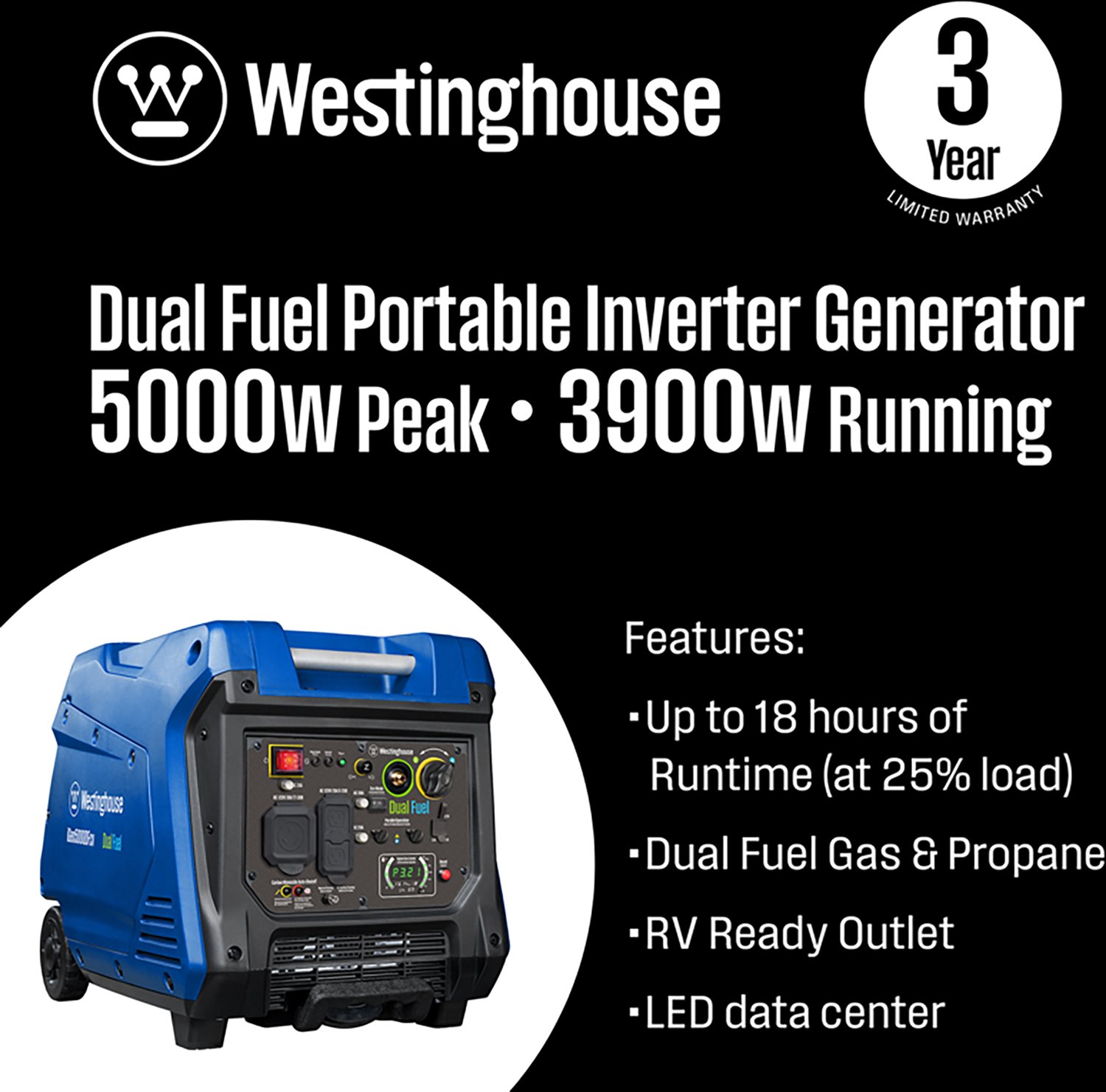 Westinghouse 5,000W Gas and Propane Dual Fuel Inverter Generator with Recoil Start - view number 2