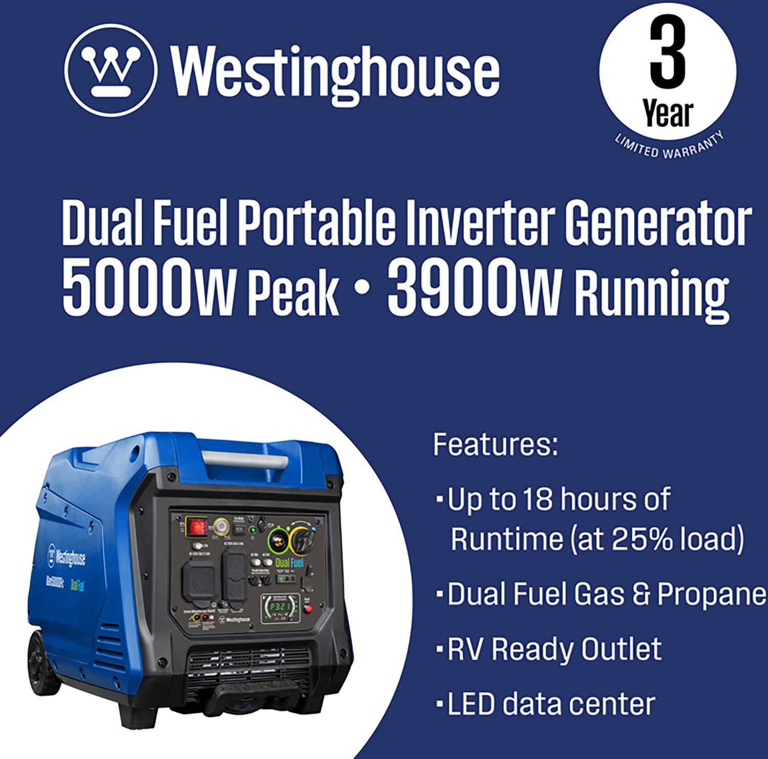 Westinghouse 5,000W Gas and Propane Dual Fuel Inverter Generator with Remote Electric Start - view number 2