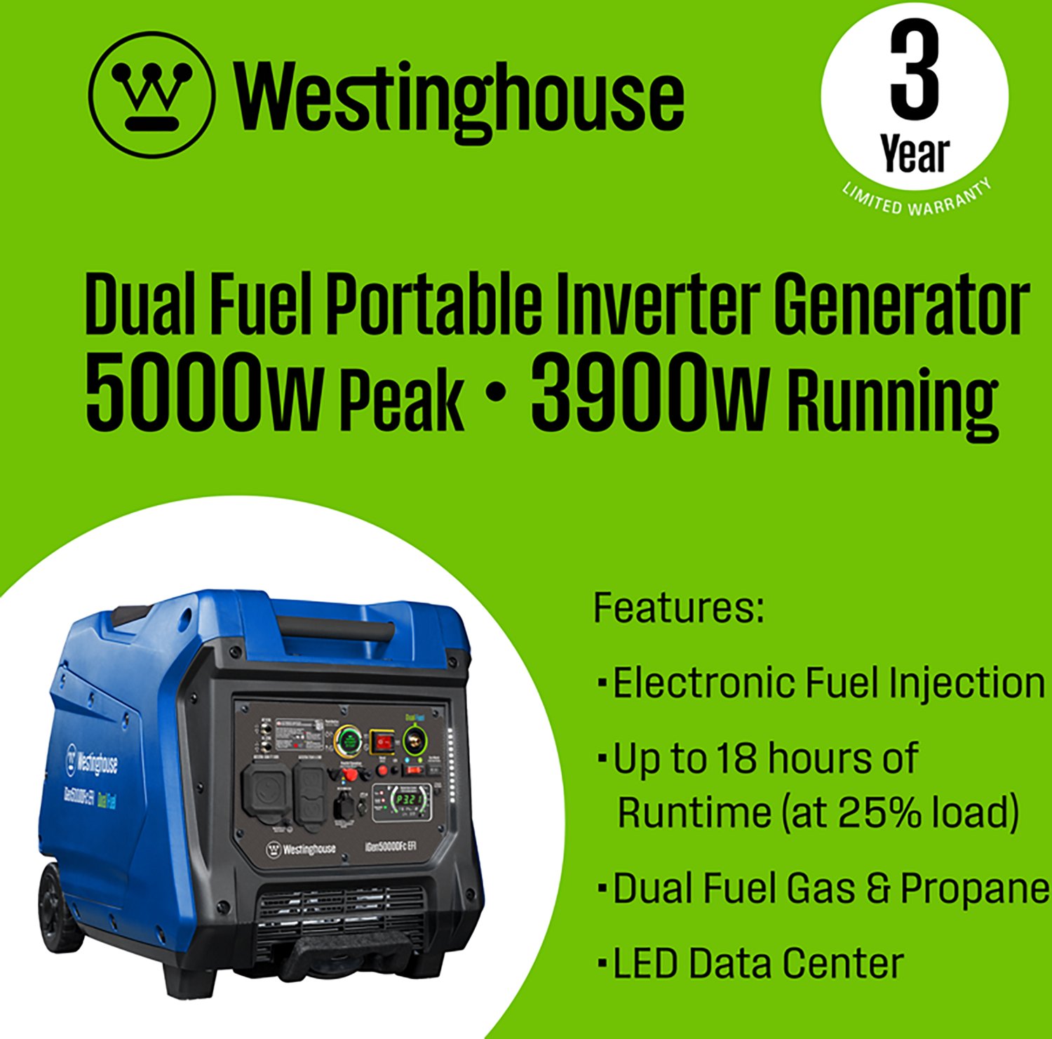 Westinghouse 5,000W Gas and Propane Dual Fuel EFI Inverter Generator with Remote Electric Start - view number 2