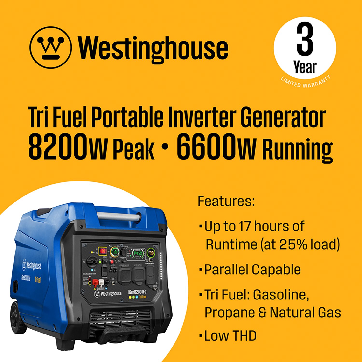 Westinghouse 8,200W Gas, Propane, Natural Gas Tri-Fuel Inverter Generator with Remote Electric Start - view number 2