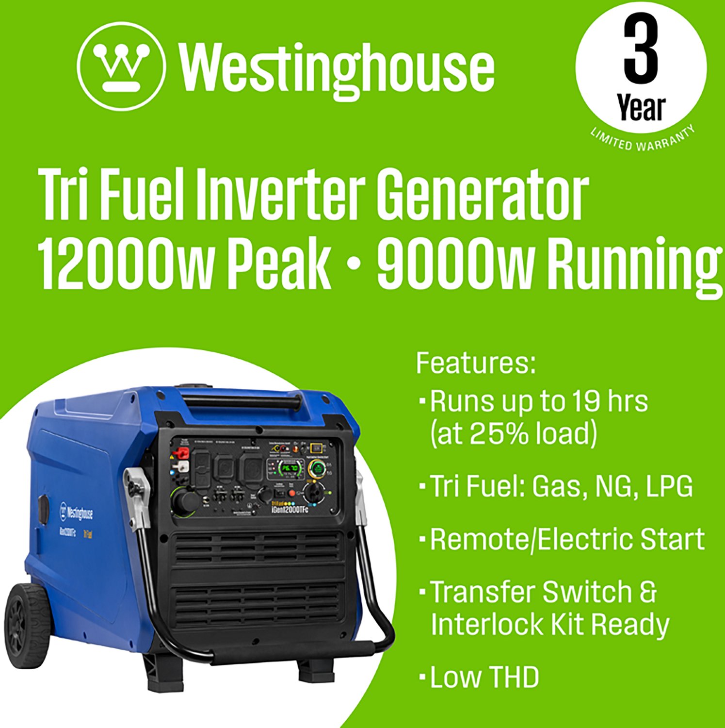 Westinghouse 11,000W Gas, Propane and Natural Gas Tri-Fuel Inverter Generator with Remote Electric Start - view number 2