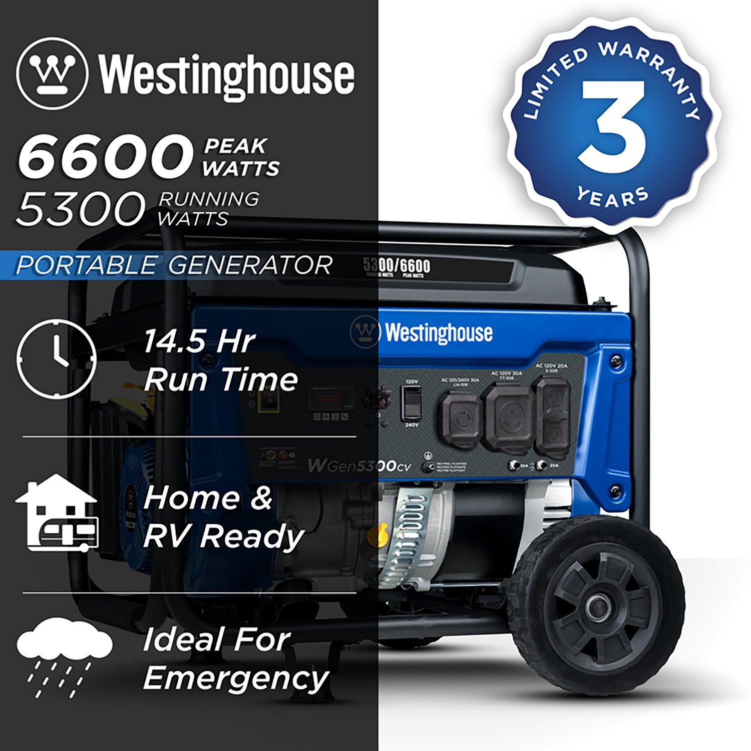 Westinghouse 6600/5300W Gas Powered Portable Generator with Recoil Start - view number 2
