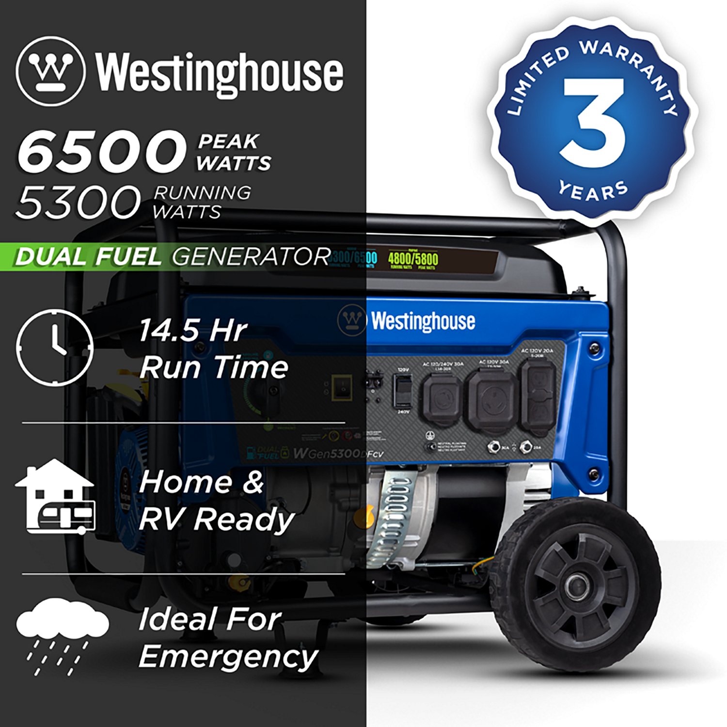 Westinghouse 6500/5300W Dual Fuel Portable Generator with Recoil Start - view number 2