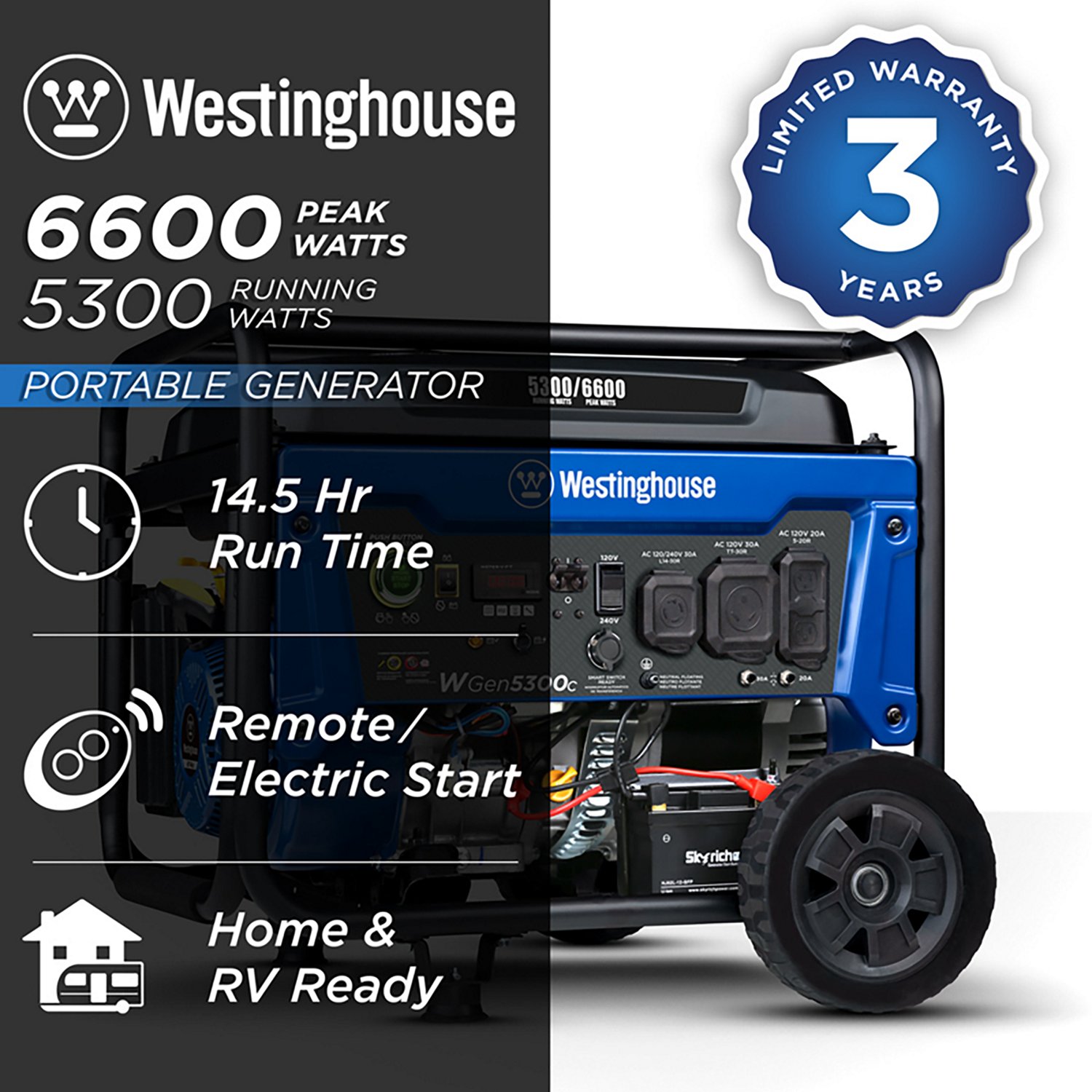 Westinghouse 6600/5300W Gas Powered Portable Generator with Remote Electric Start - view number 2