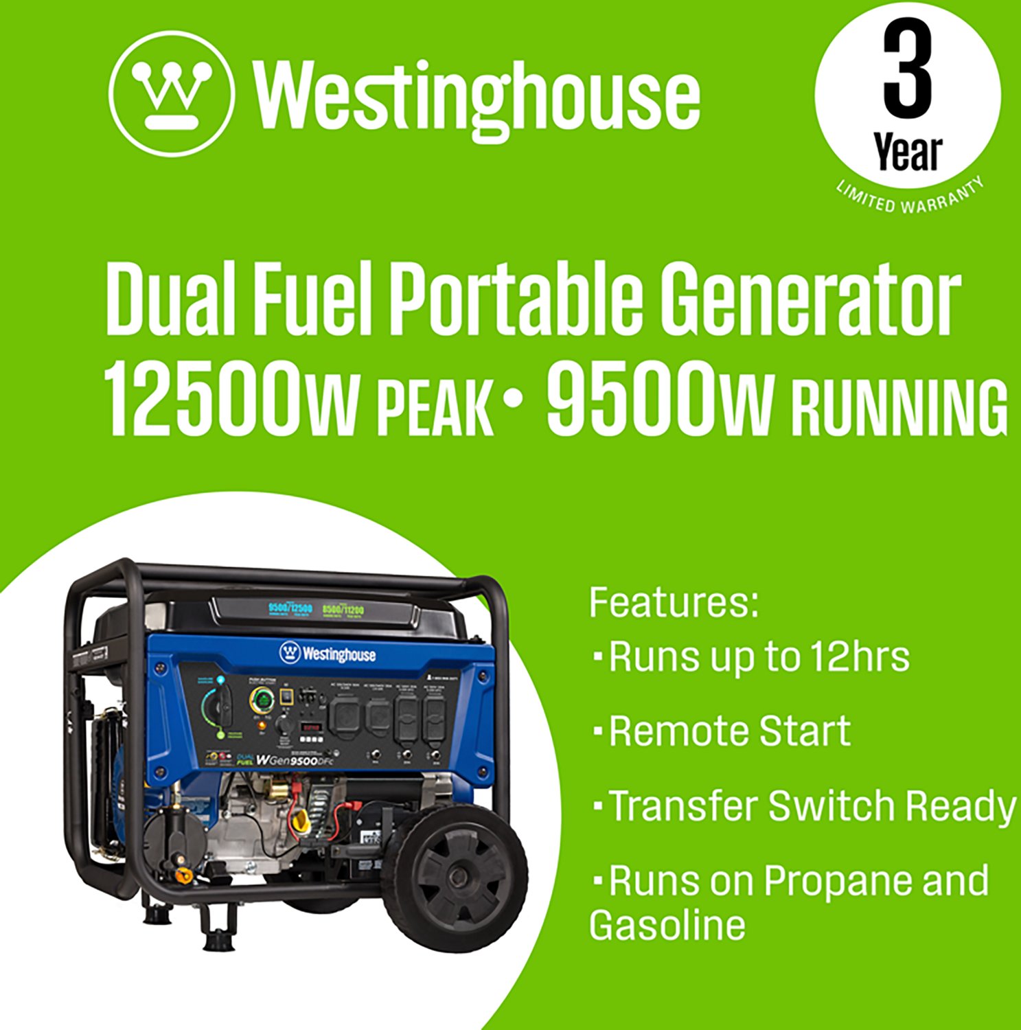 Westinghouse 12500/9500W Dual Fuel Portable Generator with Remote Electric Start - view number 2