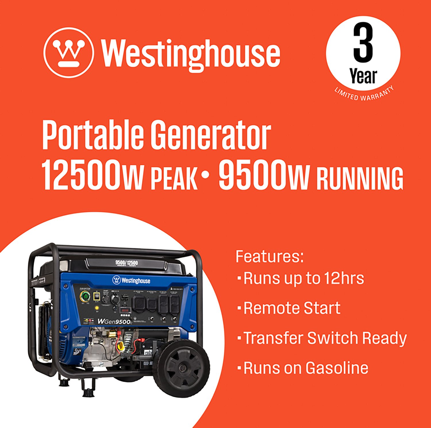 Westinghouse 12500/9500W Gas Powered Portable Generator with Remote Electric Start - view number 2
