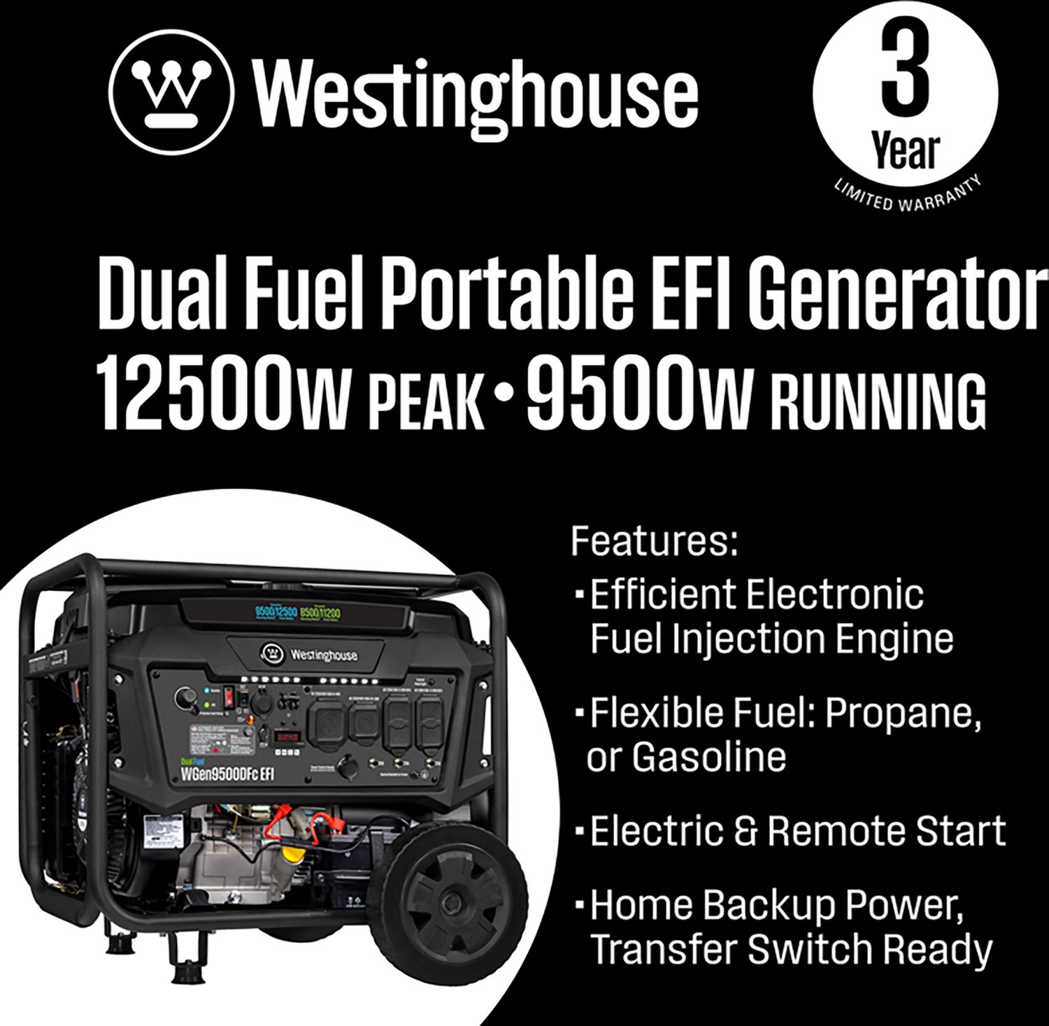Westinghouse 12500/9500W Dual Fuel EFI Portable Generator with Remote Electric Start - view number 2