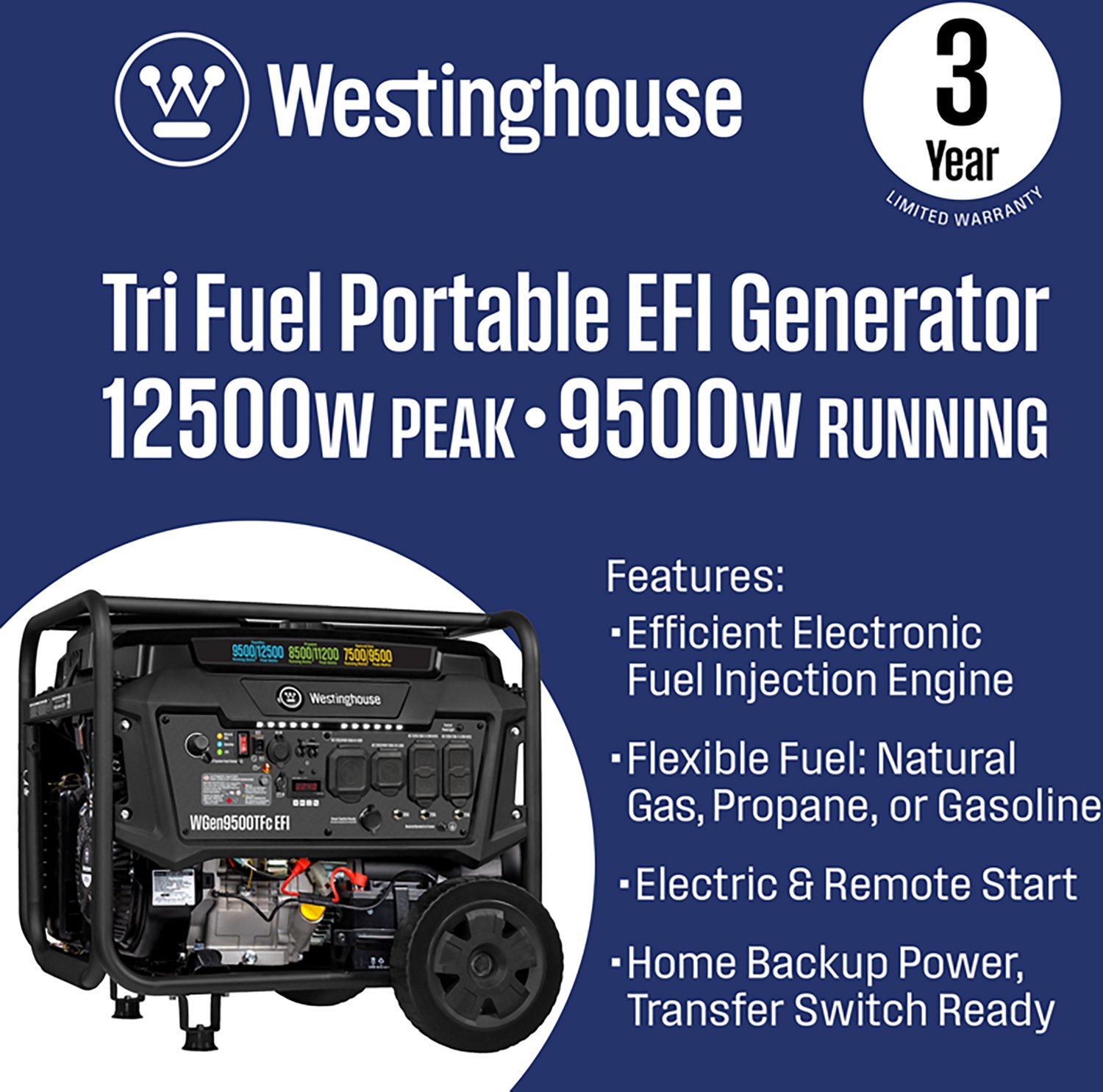 Westinghouse 12500/9500W Tri-Fuel EFI Portable Generator with Remote Electric Start - view number 2