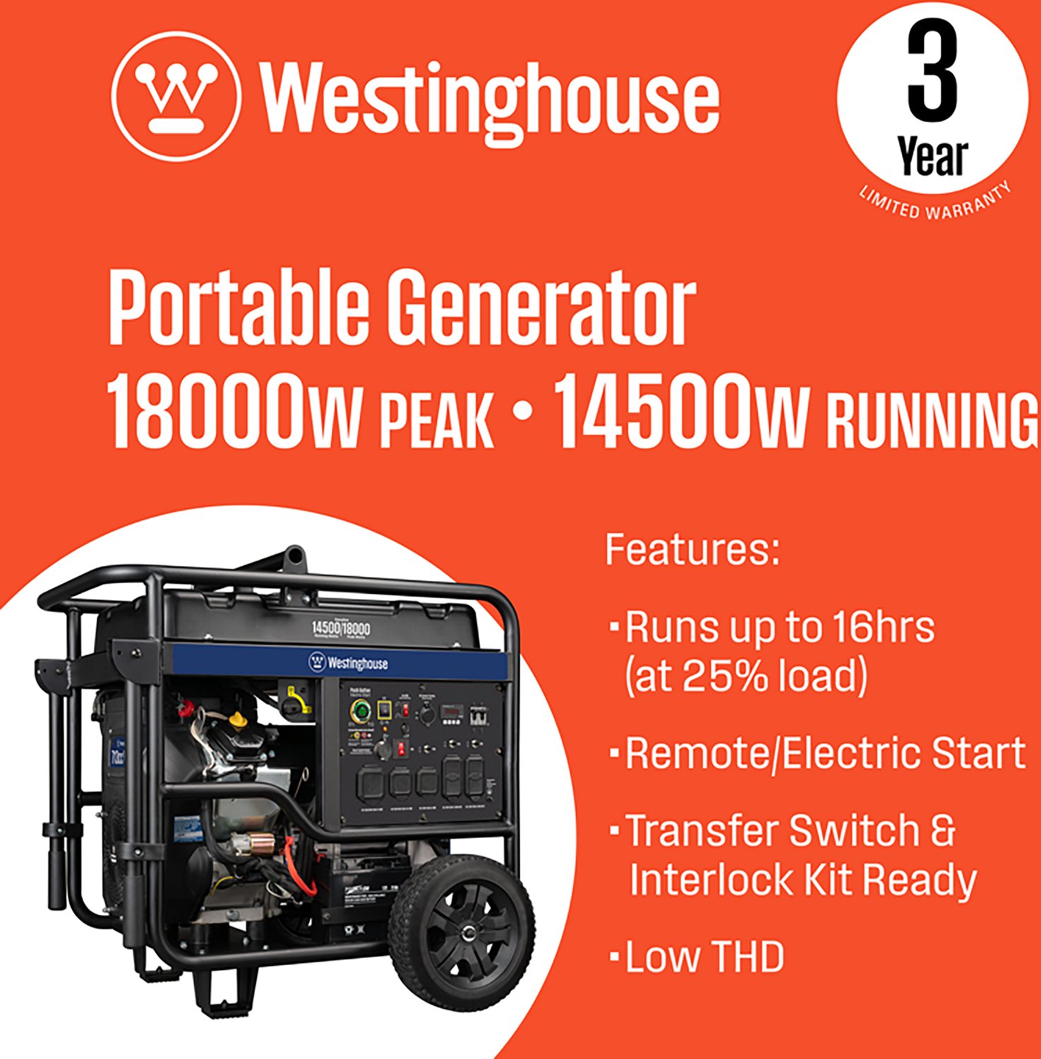 Westinghouse 18000/14500W Gas Powered Portable Generator with Remote Electric Start - view number 2