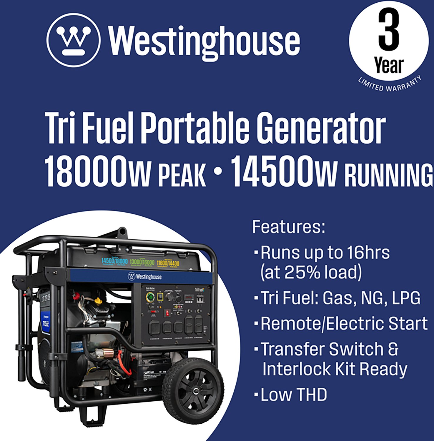 Westinghouse 18000/14500W Tri-Fuel Portable Generator with Remote Electric Start - view number 2