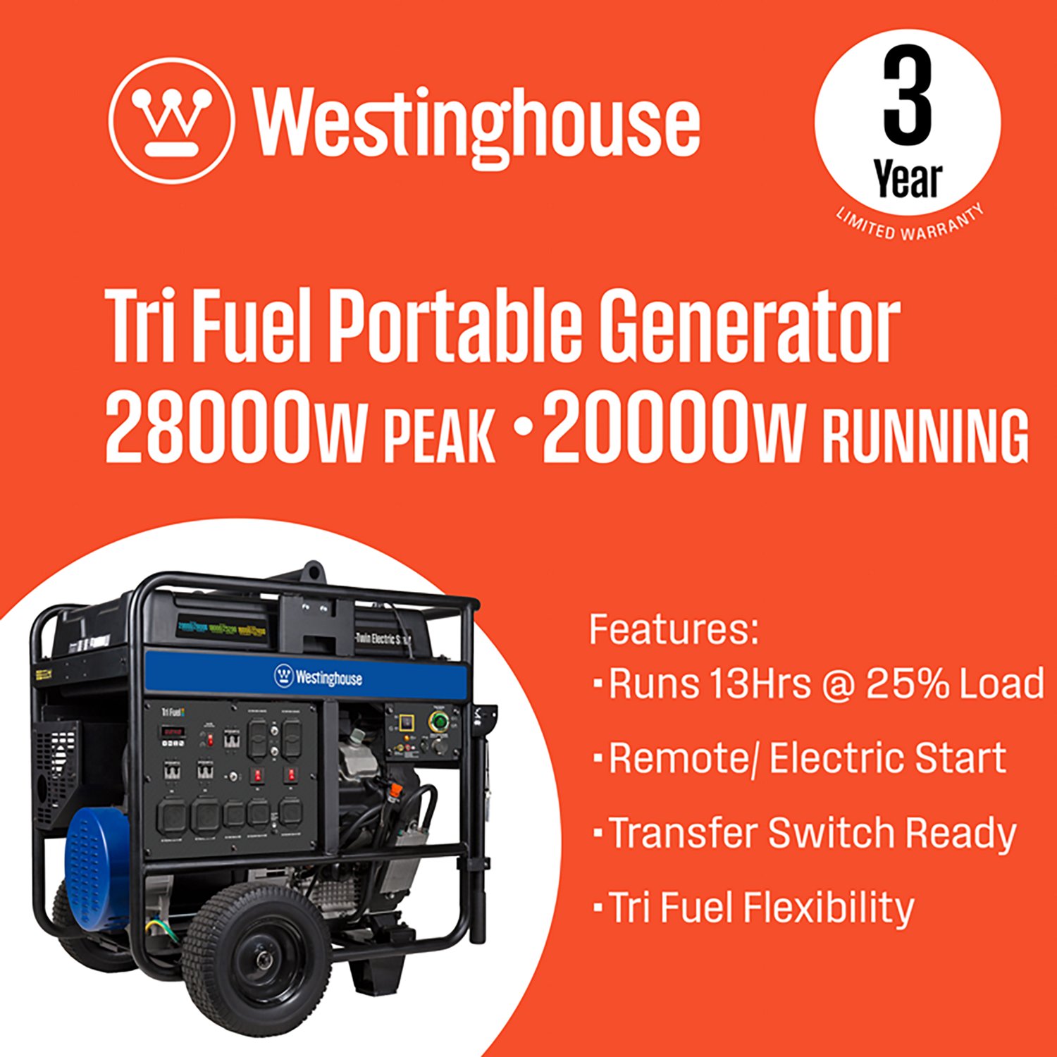 Westinghouse 28000/20000W Tri-Fuel EFI Portable Generator with Remote Electric Start - view number 2