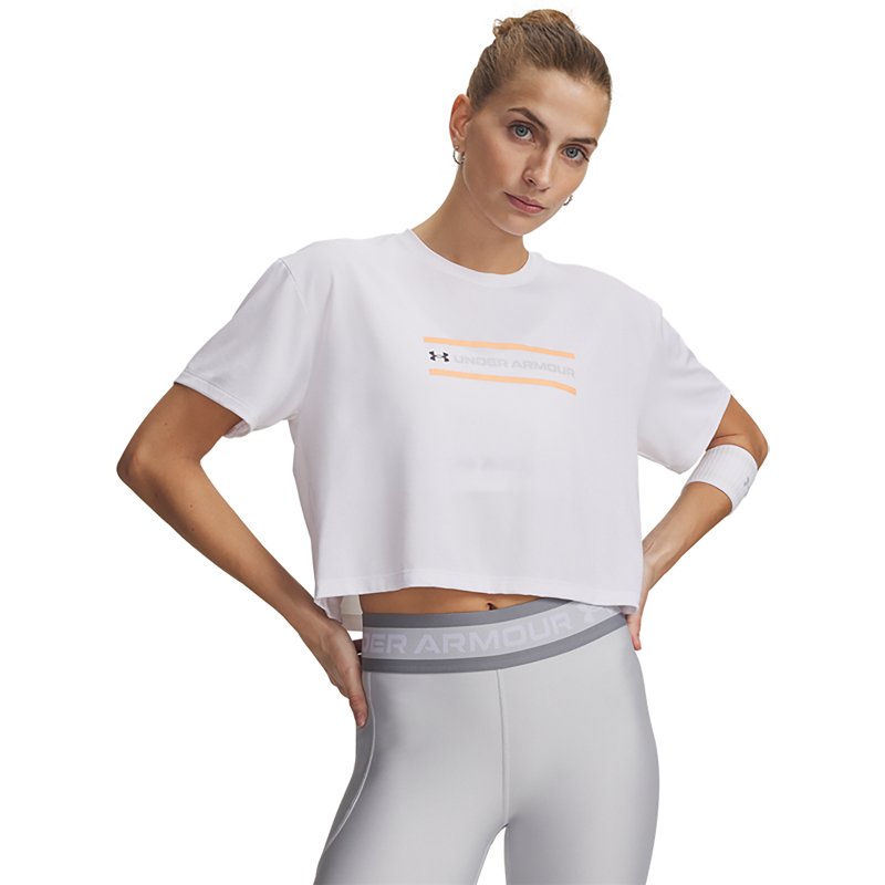 Under Armour Tech Branded Crop Short-Sleeve Shirt - White/Orange Bloc/Halo Gray