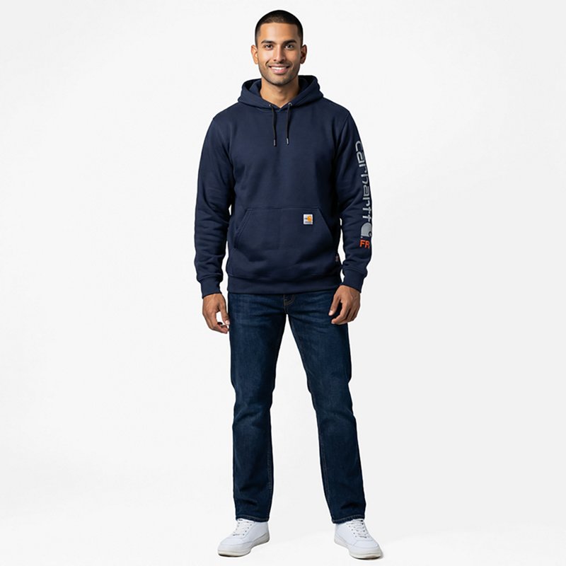 Carhartt Force Flame-Resistant Loose-Fit Midweight Logo Graphic Long-Sleeve Hoodie for Men - Navy
