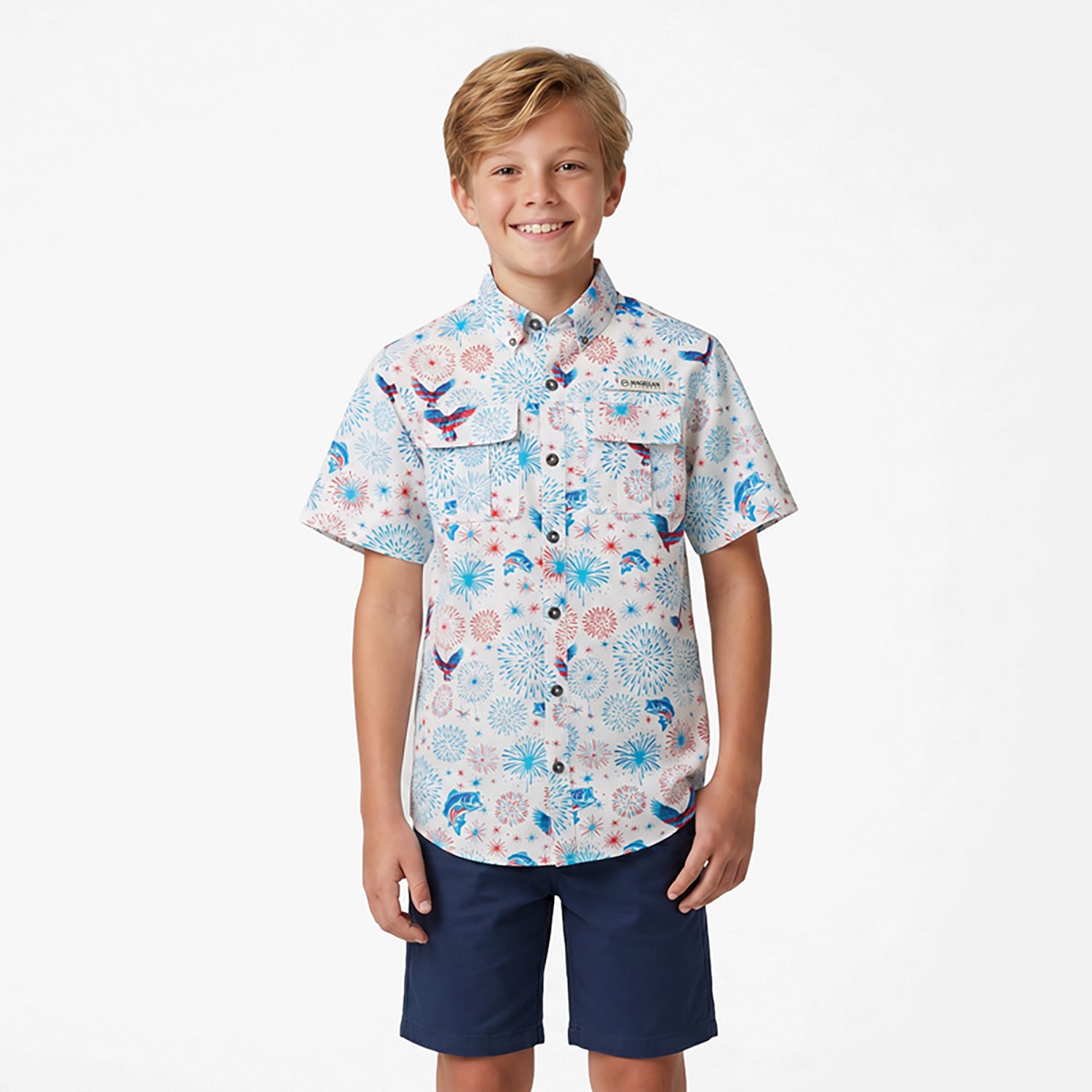 Magellan Outdoors Boys' Laguna Madre Americana Print Short Sleeve Fishing Shirt