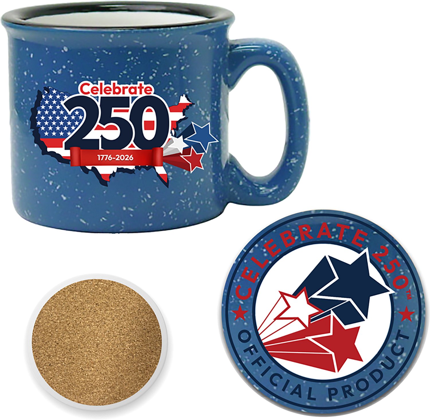 Courtside Market Celebrate 250 USA 19 oz Artisan Ceramic Mug and Coaster Set with Wounded Warrior Project
