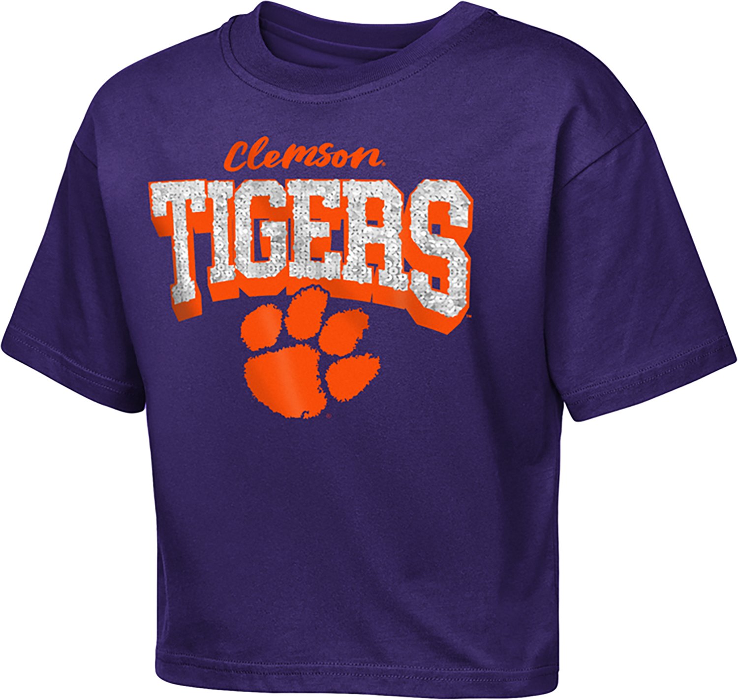 Outerstuff Girls' Clemson University Sequin Cheer Boxy Graphic T-shirt