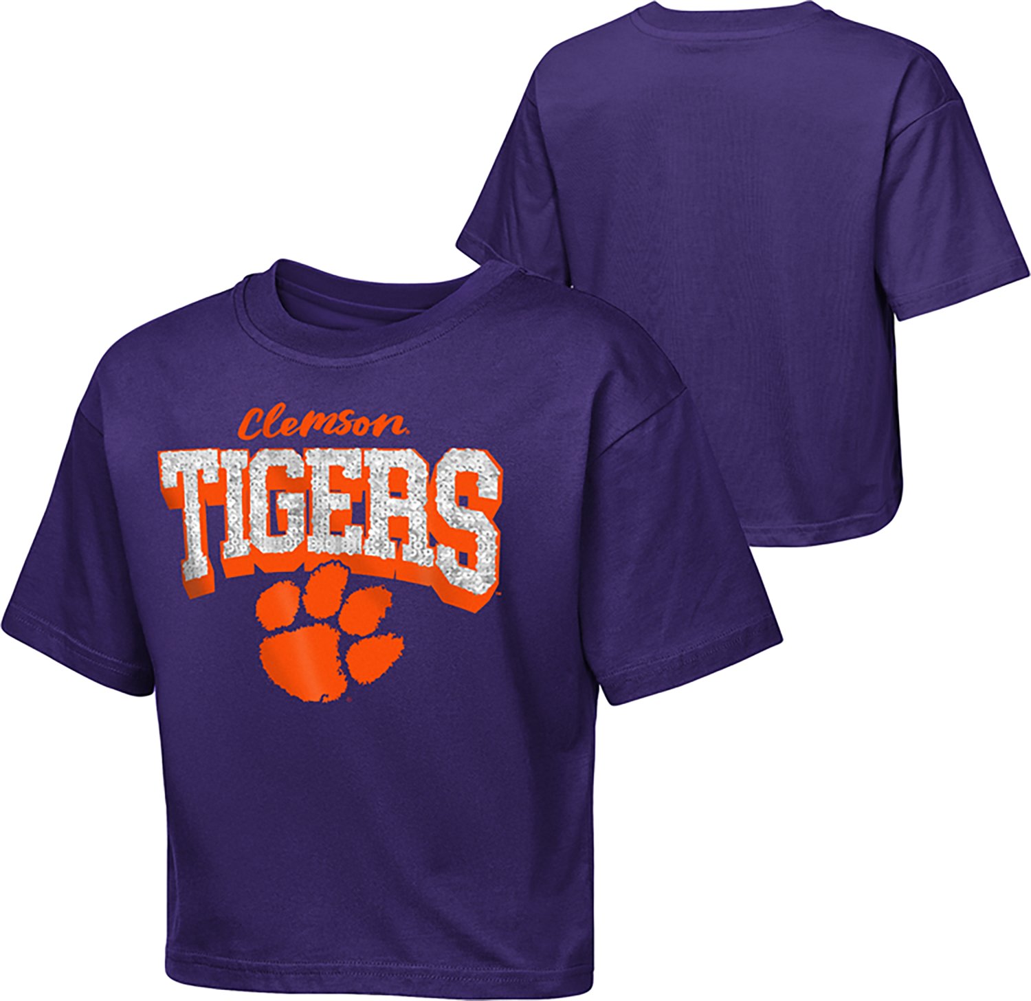 Outerstuff Girls' Clemson University Sequin Cheer Boxy Graphic T-shirt - view number 3