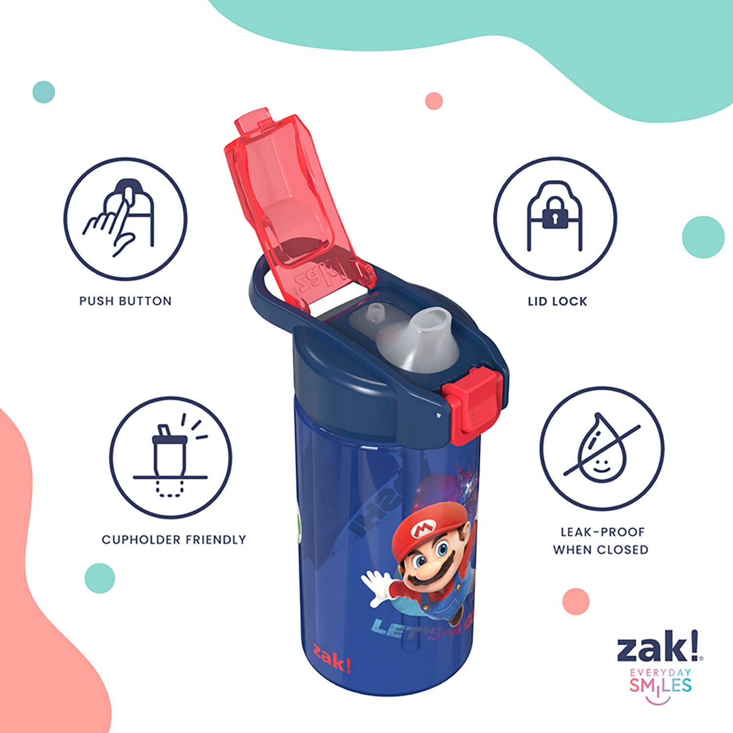 Zak Designs Mario 16 oz Jubilee Straw Water Bottle