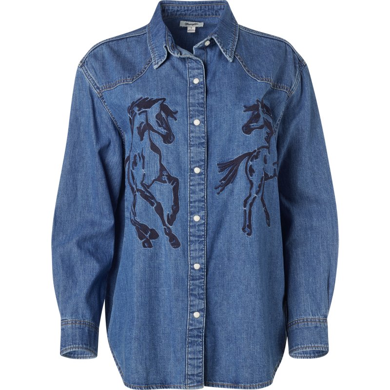 Wrangler® Women's Retro Long Sleeve Denim Snap Shirt with Embroidery Design