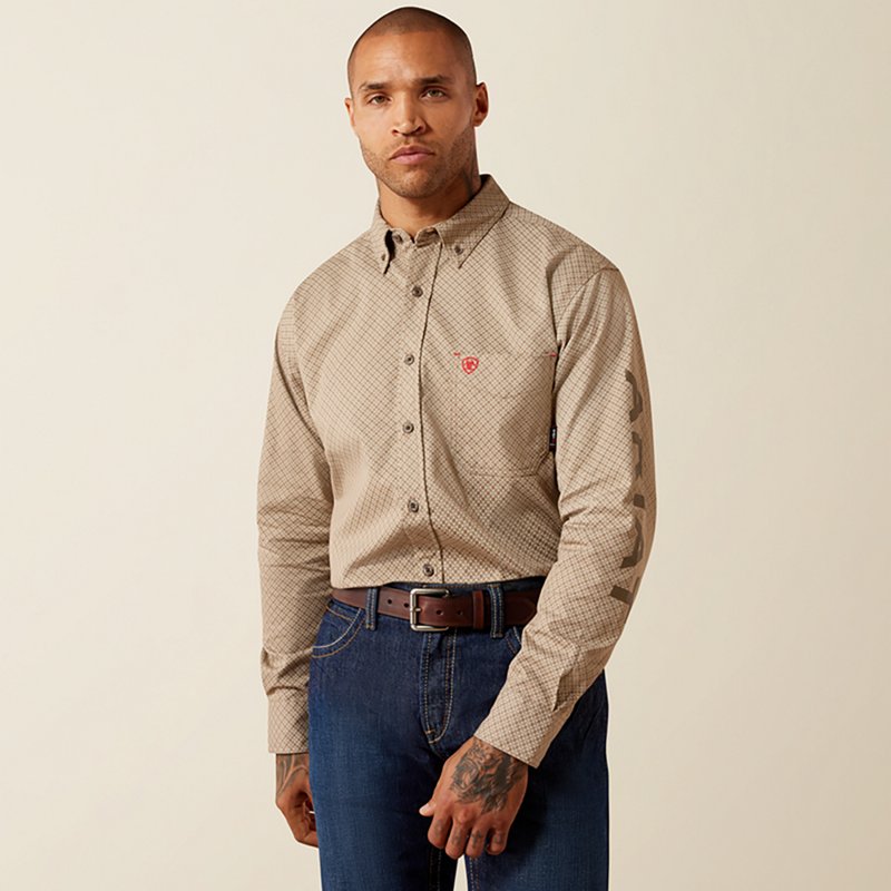 Men's Flame-Resistant Ty Logo Work Shirt in Caribou Cotton/Nylon, Size: Medium by Ariat