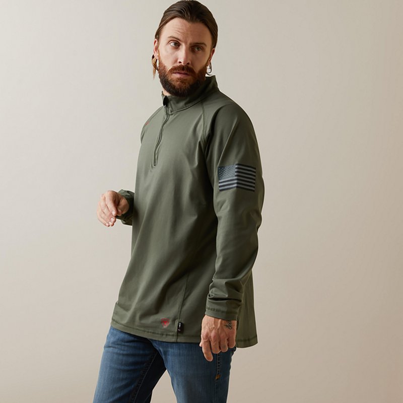 Men's Flame-Resistant Combat Stretch Patriot 1/4 Zip Work Shirt in Dark Sage Supima Cotton/Spandex, Size: XL by Ariat