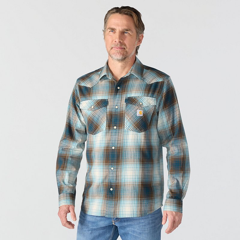 Carhartt Men's Montana Rugged Flex Relaxed Fit Lightweight Long-Sleeve Snap-Front Plaid Shirt | Dark Harbor Teal | Small