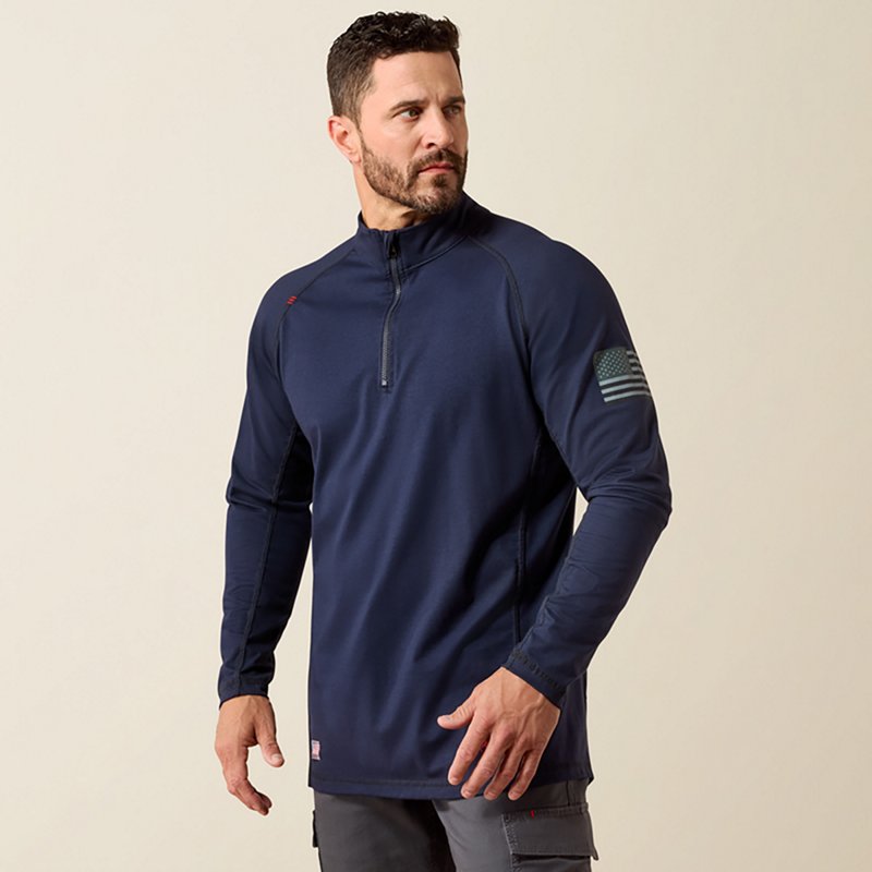Men's Flame-Resistant Combat Stretch Patriot 1/4 Zip Work Shirt in Navy Supima Cotton/Spandex, Size: Medium by Ariat