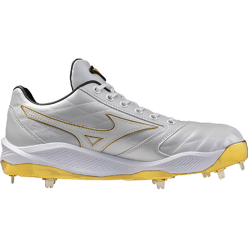 Mizuno Pro Cushionrevo Metal Baseball Cleats, Size 9, White/Gold