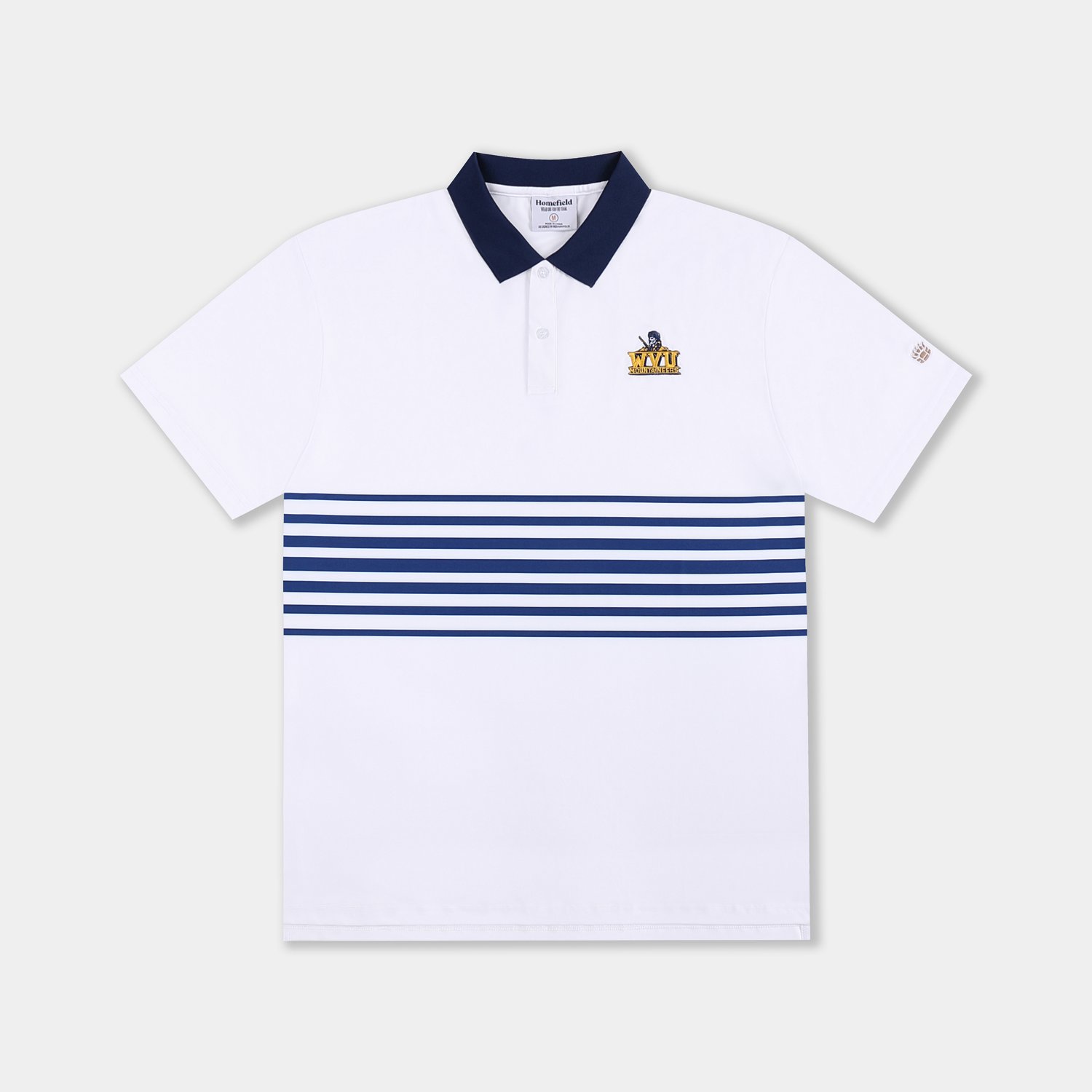 Homefield Men's West Virginia University Vault Mascot Striped Chest Golf Polo Shirt
