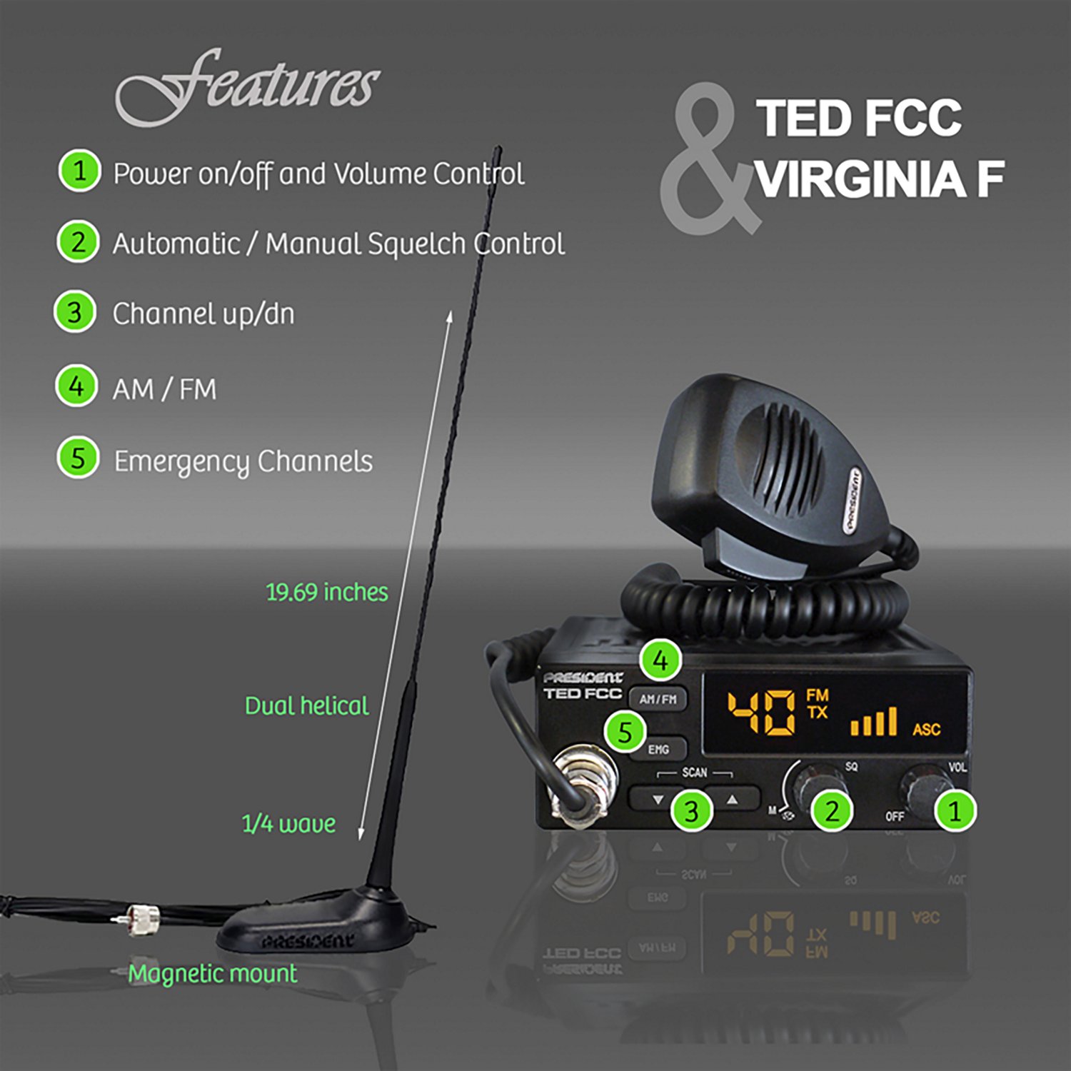 Petra President CB Radio Starter Kit with TED FCC 40-Channel 12V AM/FM CB Radio and Virginia-Fixed Magnet-Mounted Antenna - view number 7