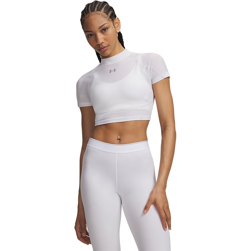 Under Armour Women's HeatGear Elite Crop Mock Short Sleeve, XXL, White/Reflective