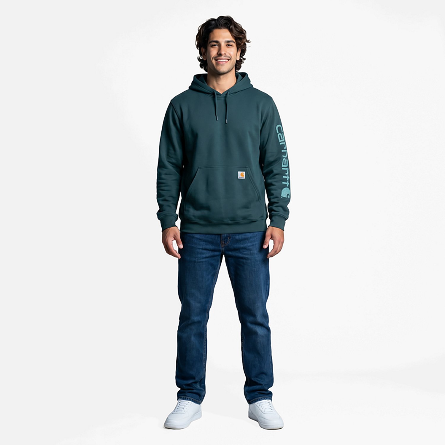 Carhartt Men's Loose Fit Midweight Signature Sleeve Logo Hooded Sweatshirt