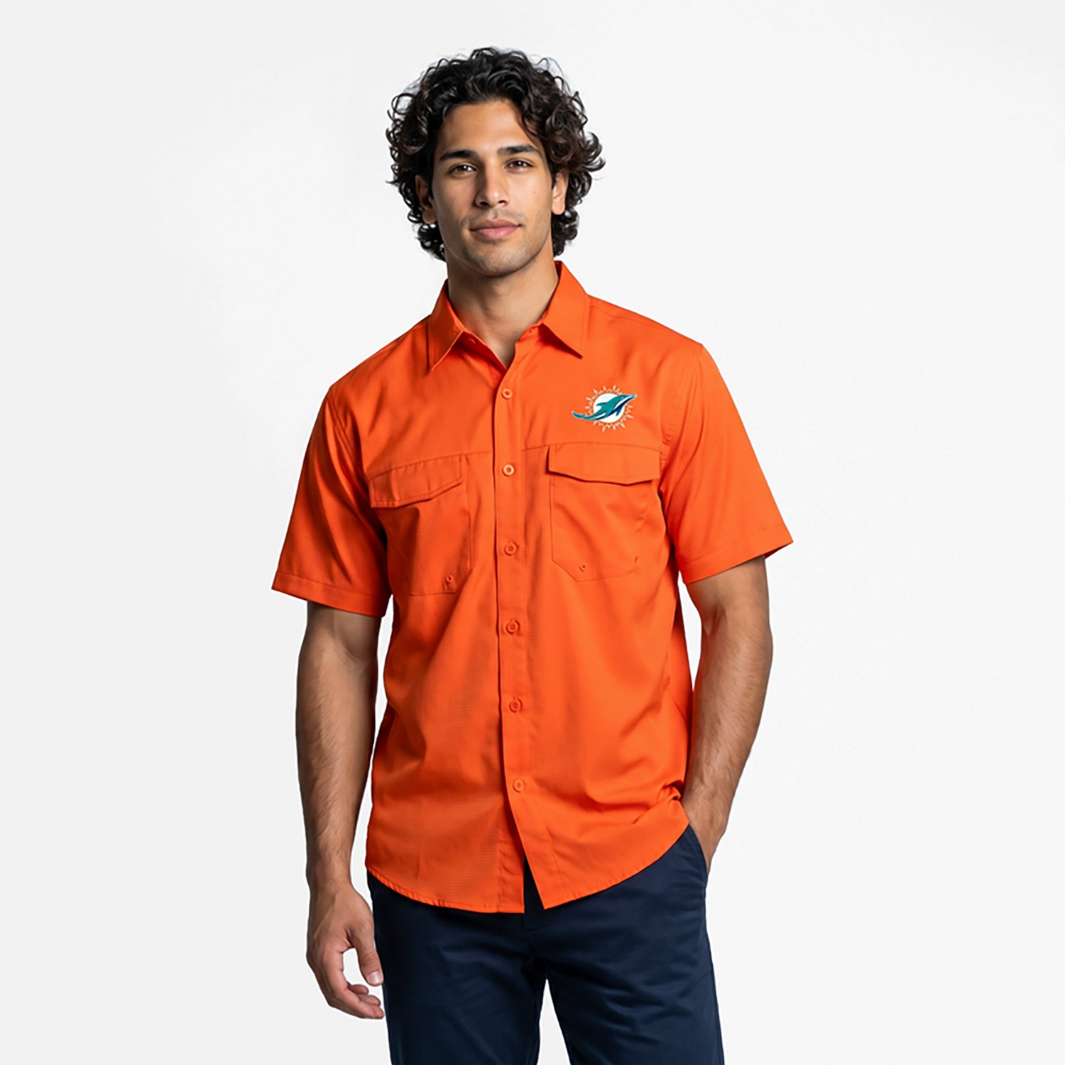 Antigua Men's Miami Dolphins Game Day Woven Fishing Shirt