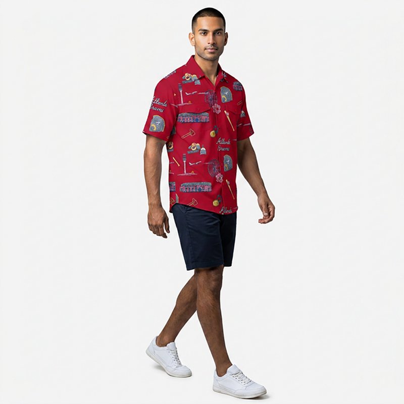 Antigua Men's Atlanta Braves Landmark Woven Short Sleeve Fishing Shirt