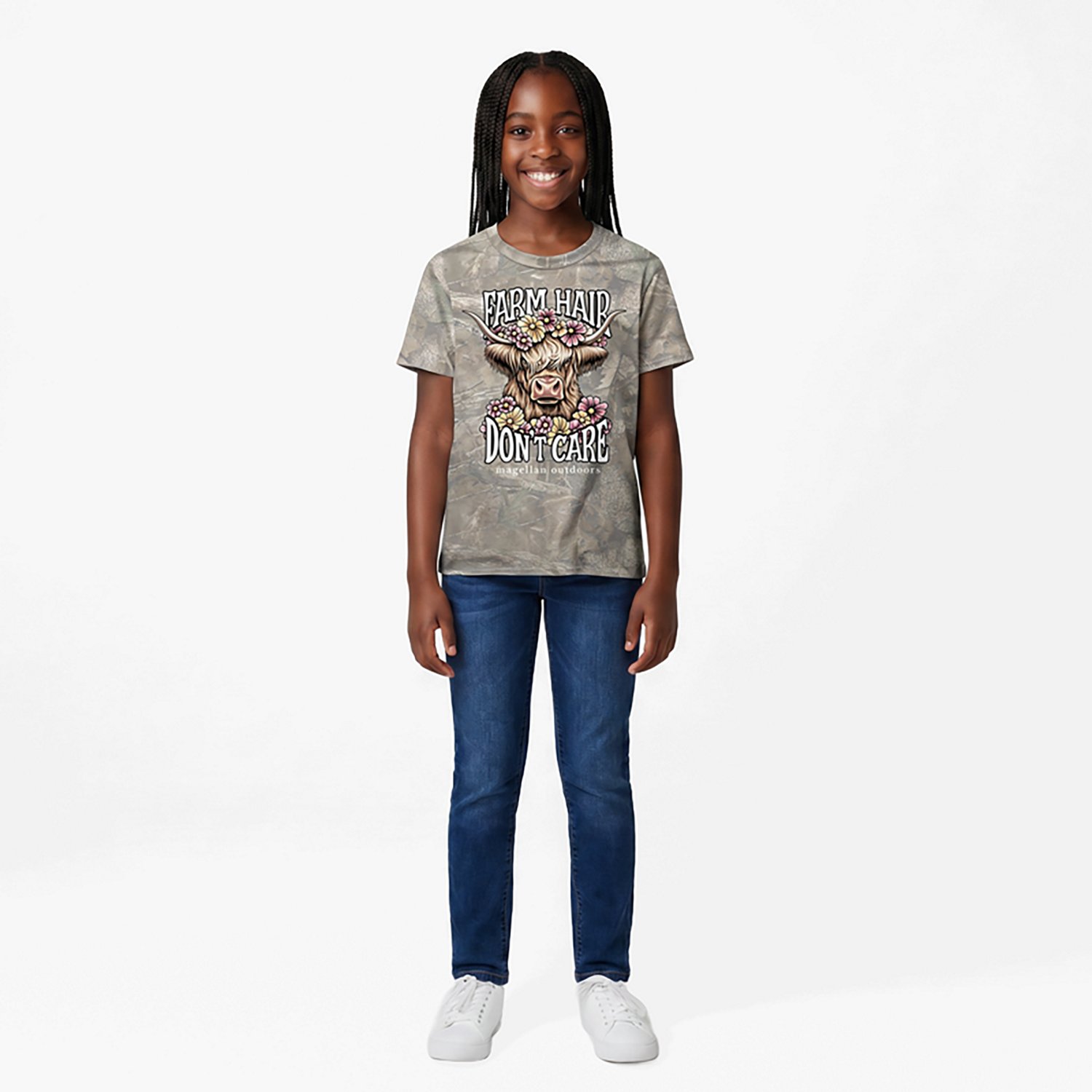 Magellan Outdoors Girls’ Farm Hair Cow Graphic Short Sleeve T‑Shirt