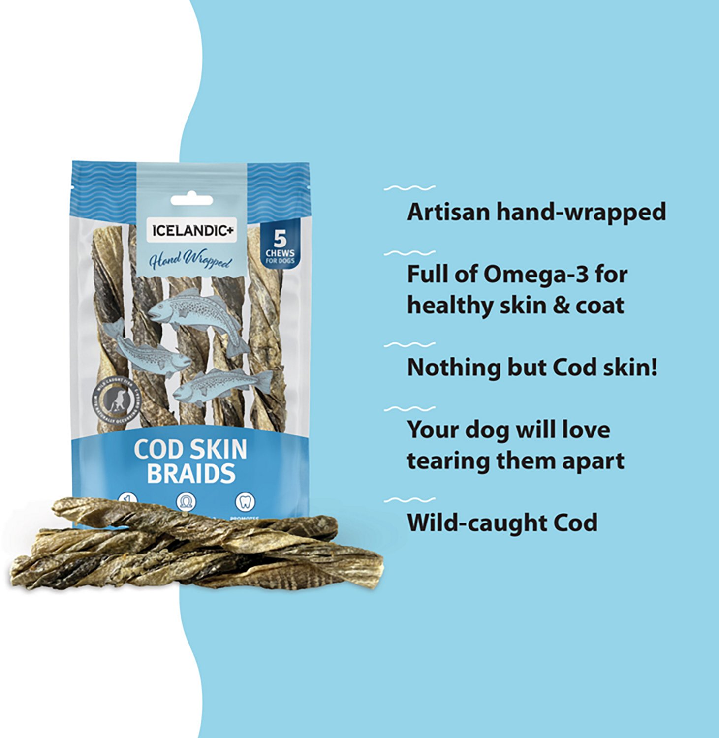 Icelandic+ Cod Skin Braids 5.5-7 in. Dog Treat Chews 5-Pack
