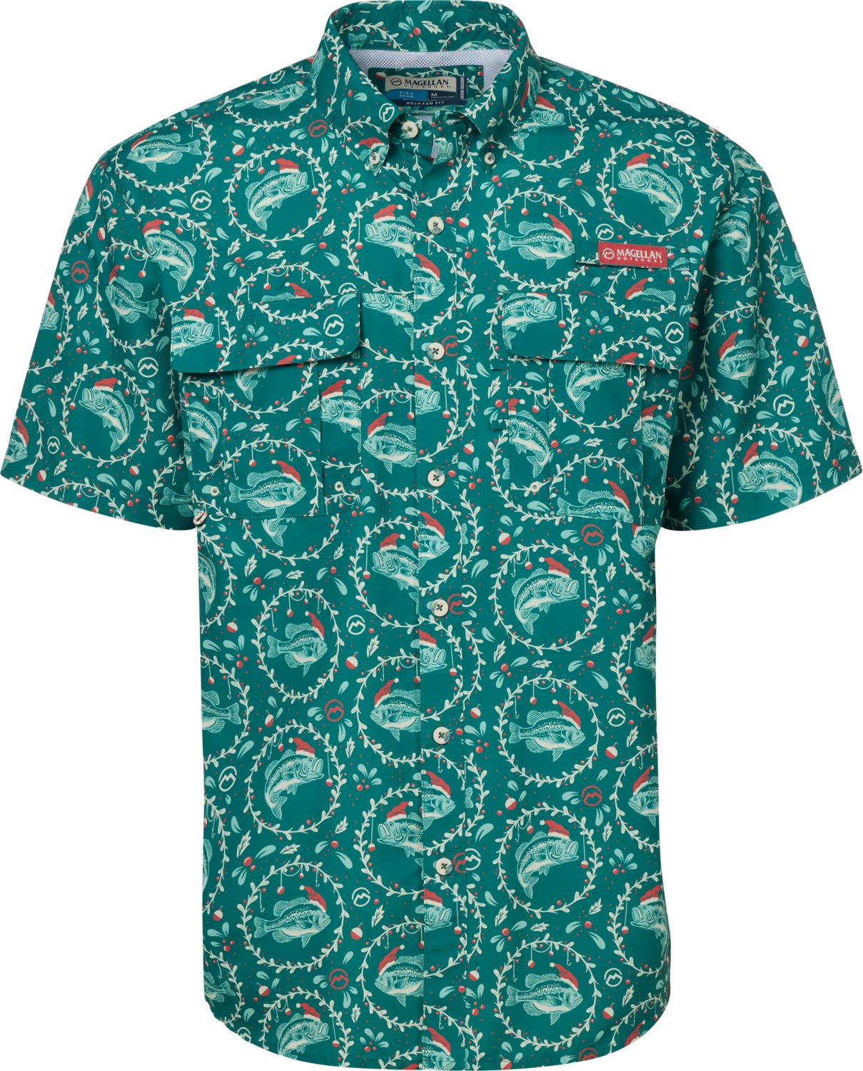 Magellan Outdoors Men's Laguna Madre Merry Fishmas Short Sleeve Fishing Shirt