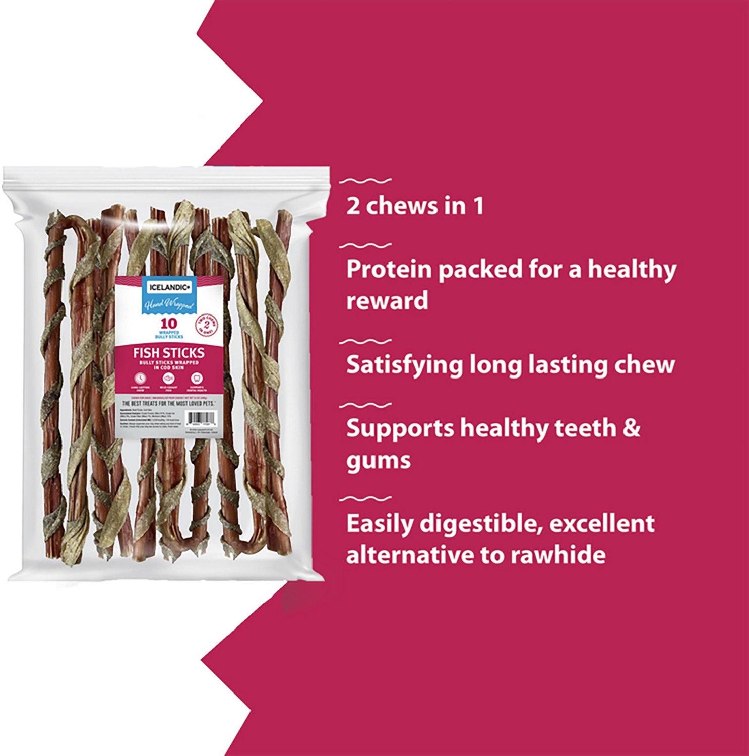 Icelandic+ Fish Sticks 12 in. Bully Stick Wrapped In Cod Skin 10-Pack