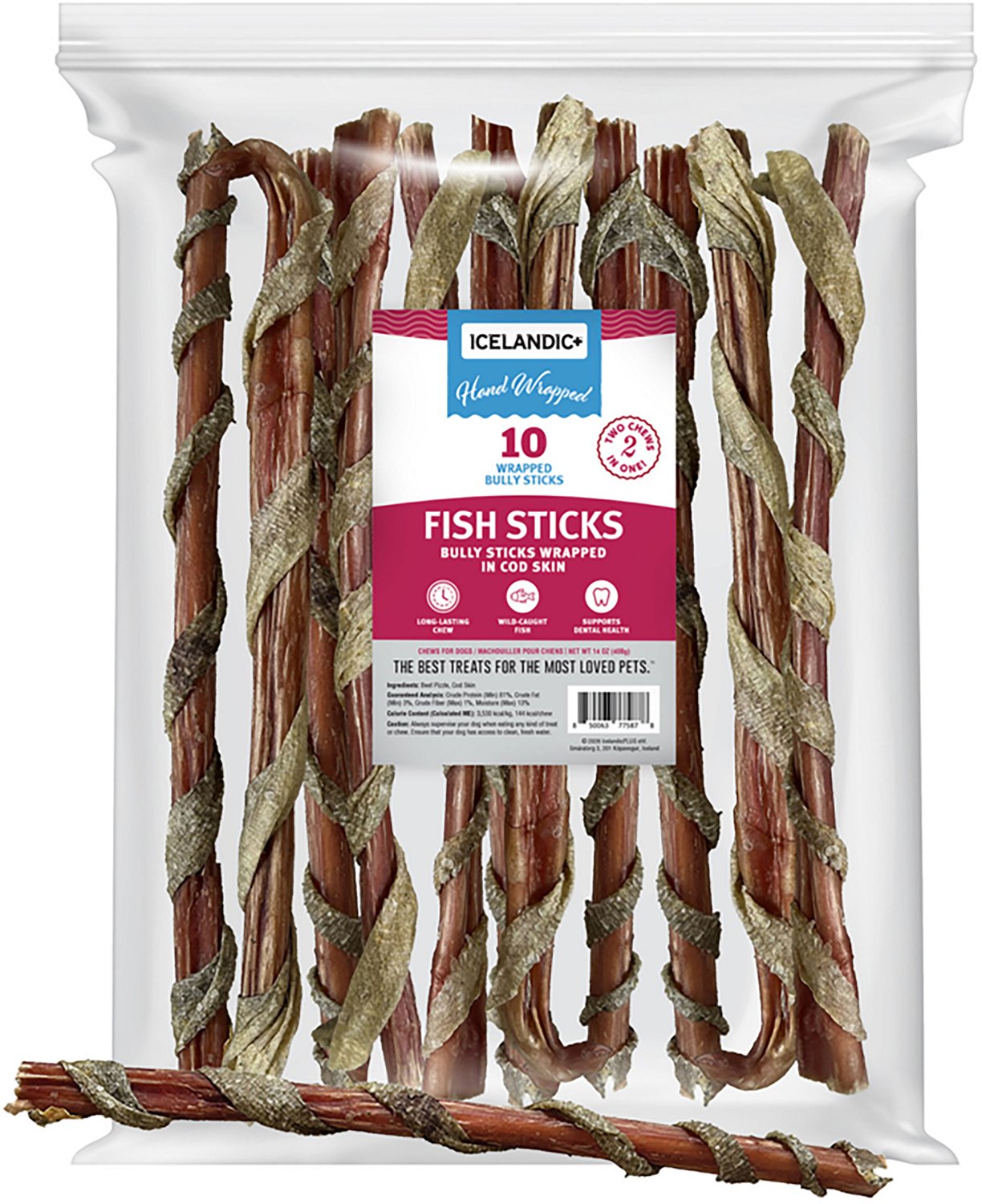 Icelandic+ Fish Sticks 12 in. Bully Stick Wrapped In Cod Skin 10-Pack