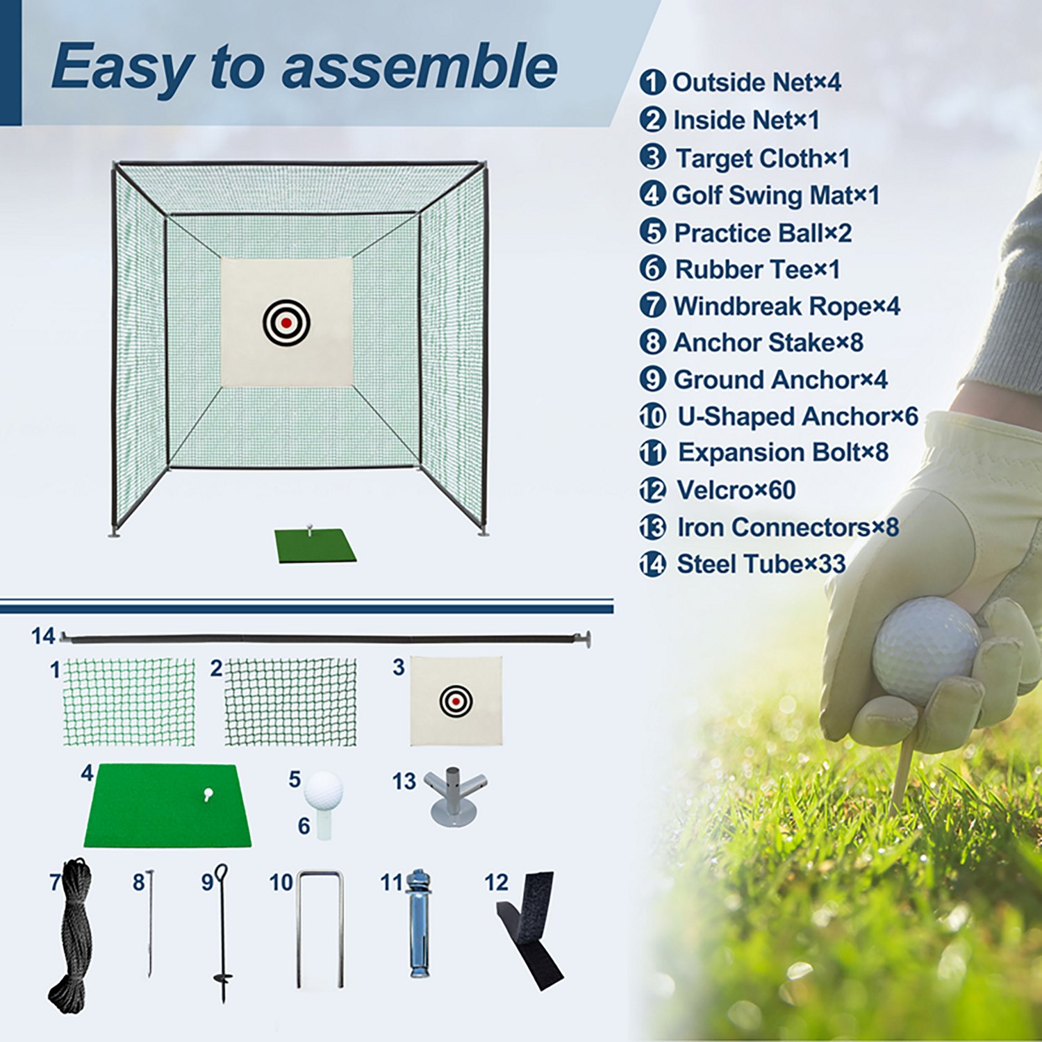 inQracer 10 ft x 10 ft x 10 ft Golf Practice Net Cage with Metal Frame